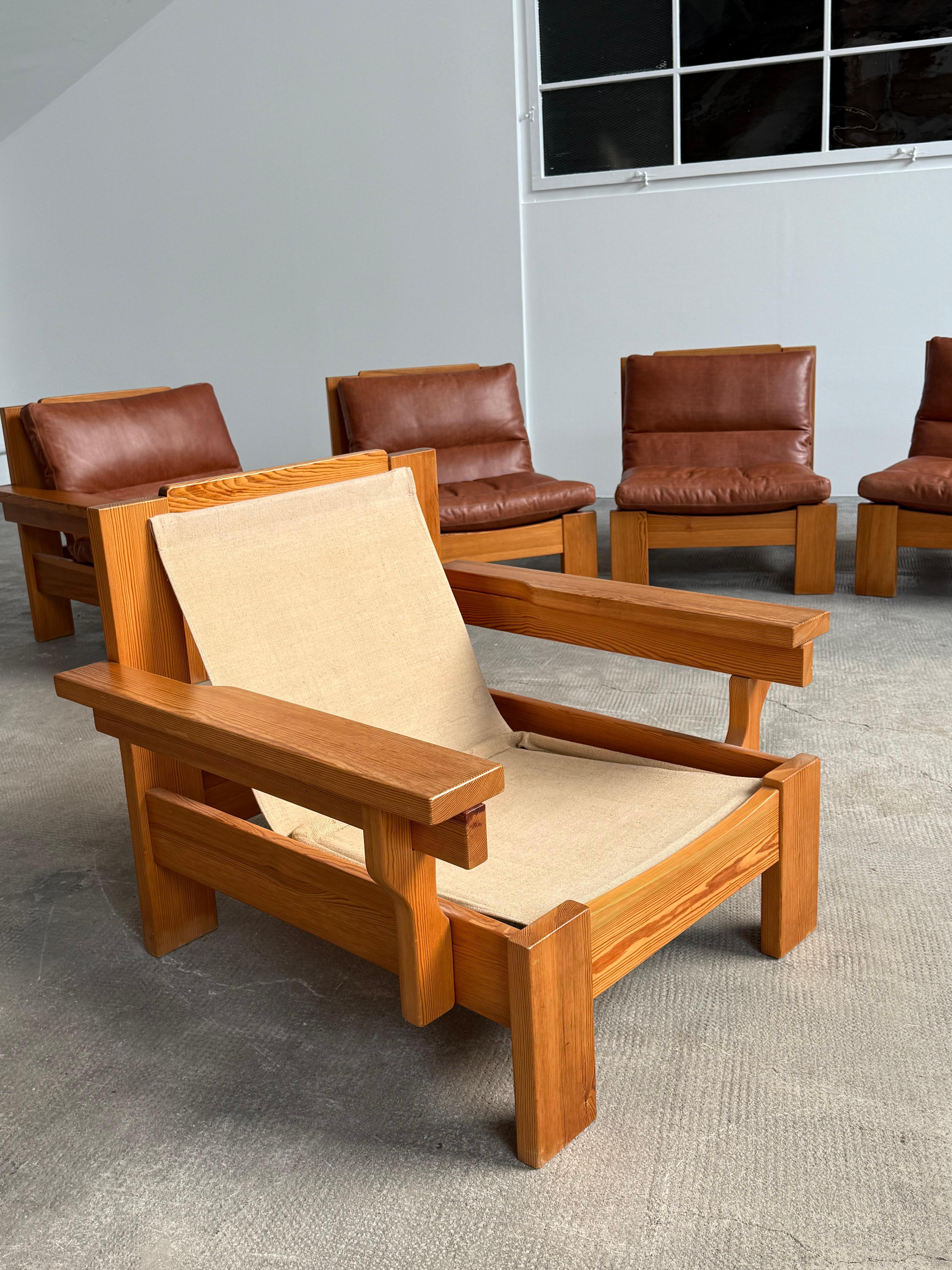 Ensemble Sitzgruppe siège modulaire Kiefernholz Leder Leinen, Schweden 1970 en vente 11