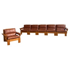 Modulares Sessel Sofa Sitzgruppe Set Kiefernholz Leder Leinen, Schweden 1970er Jahre