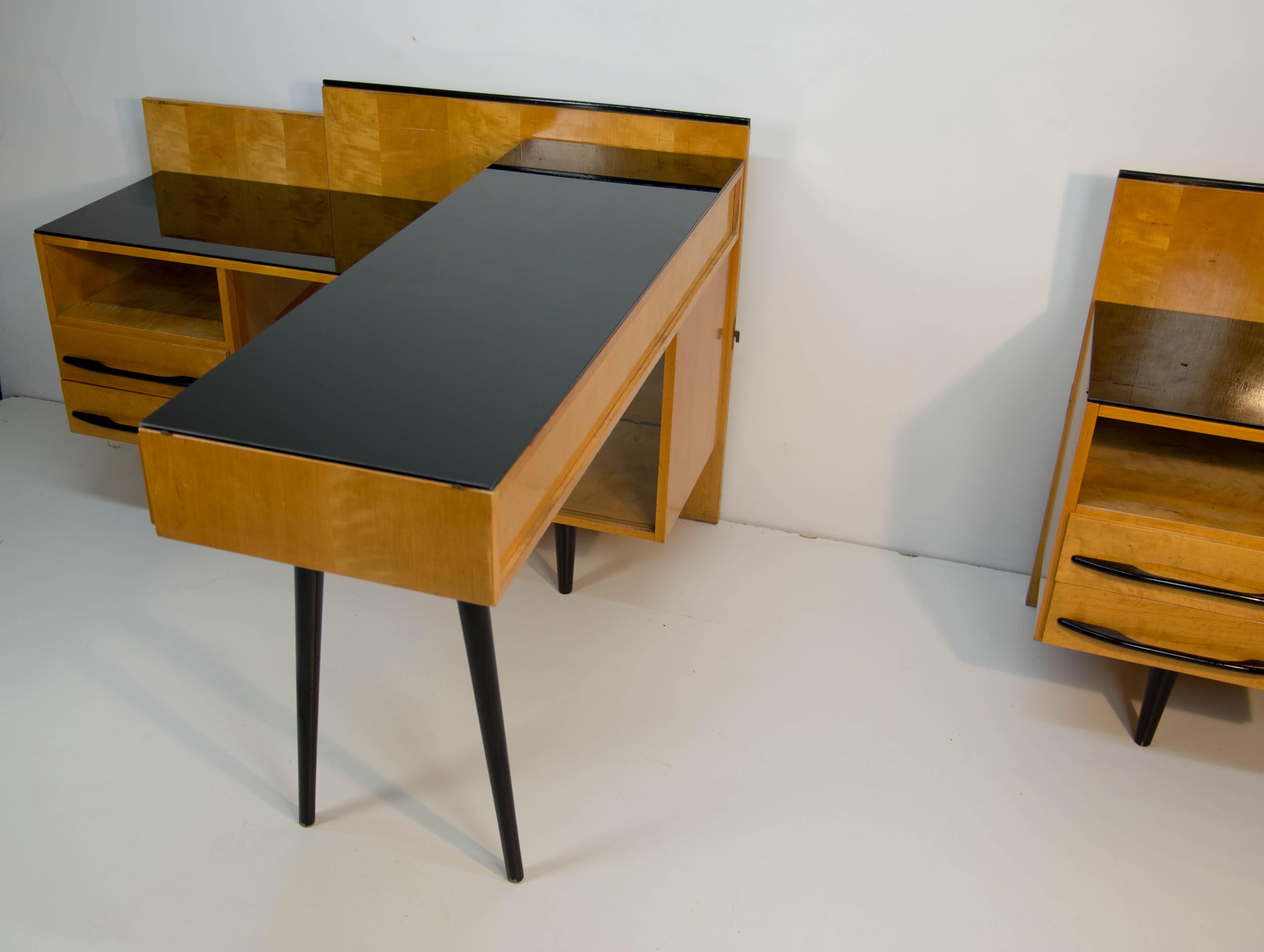 Czech Modular Set of Table, Nightstand and Chest of Drawers by M. Pozar, 1960s For Sale