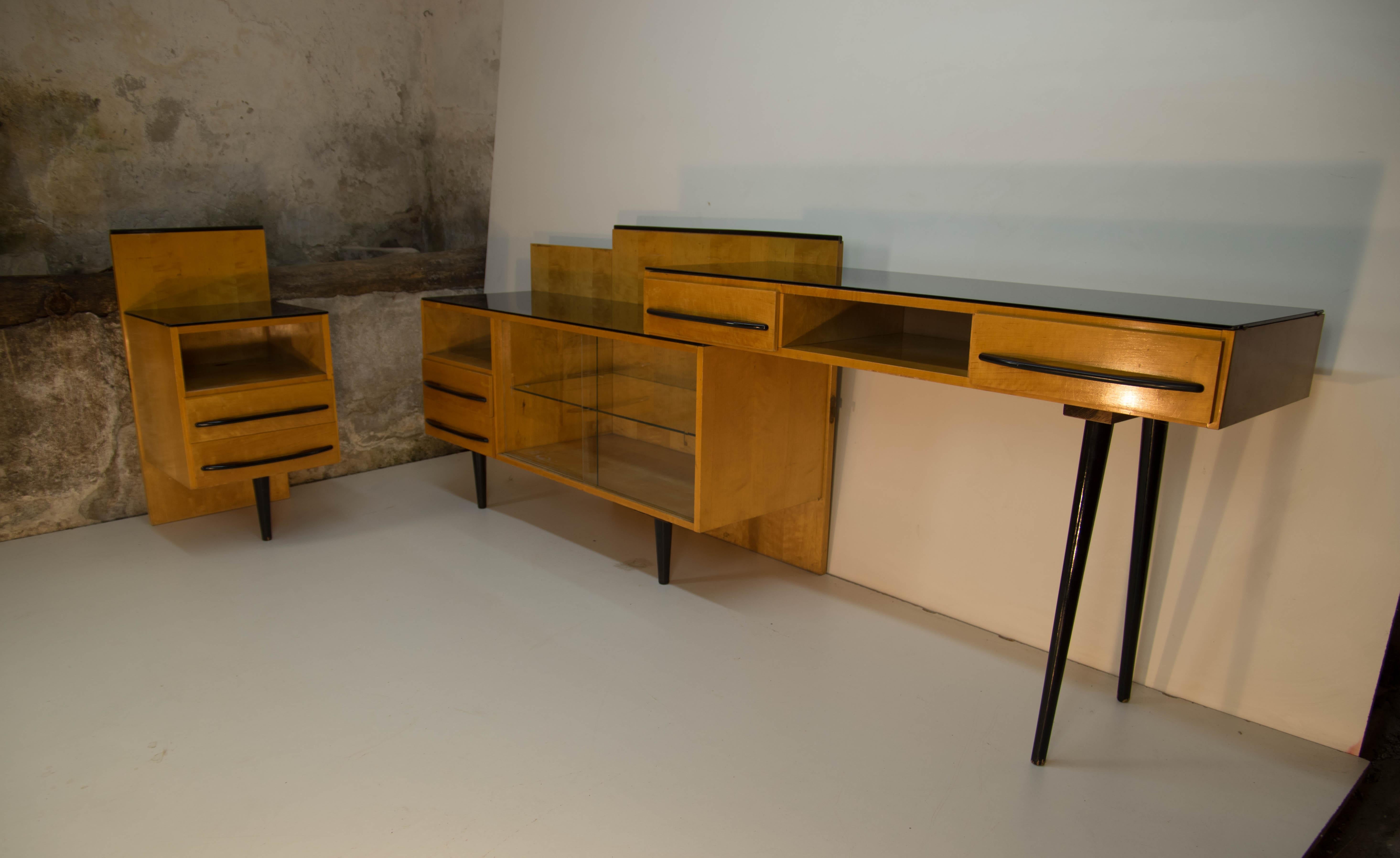Glass Modular Set of Table, Nightstand and Chest of Drawers by M. Pozar, 1960s For Sale
