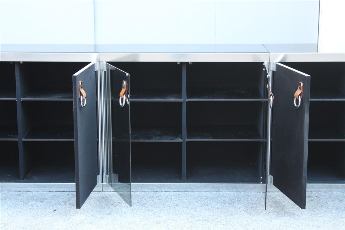 Modular Sideboard Black Silver France Hermes Guido Faleschini 1970s Leather  For Sale 8
