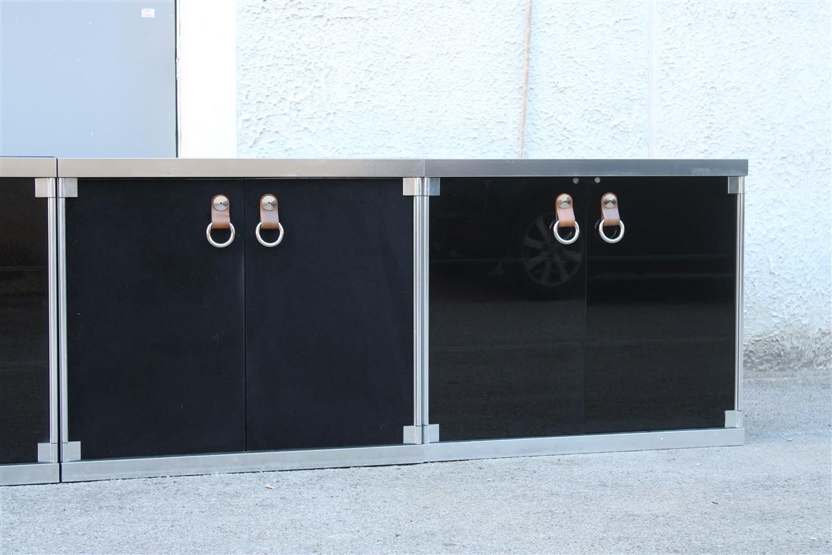 Mid-Century Modern Modular Sideboard Black Silver France Hermes Guido Faleschini 1970s Leather  For Sale
