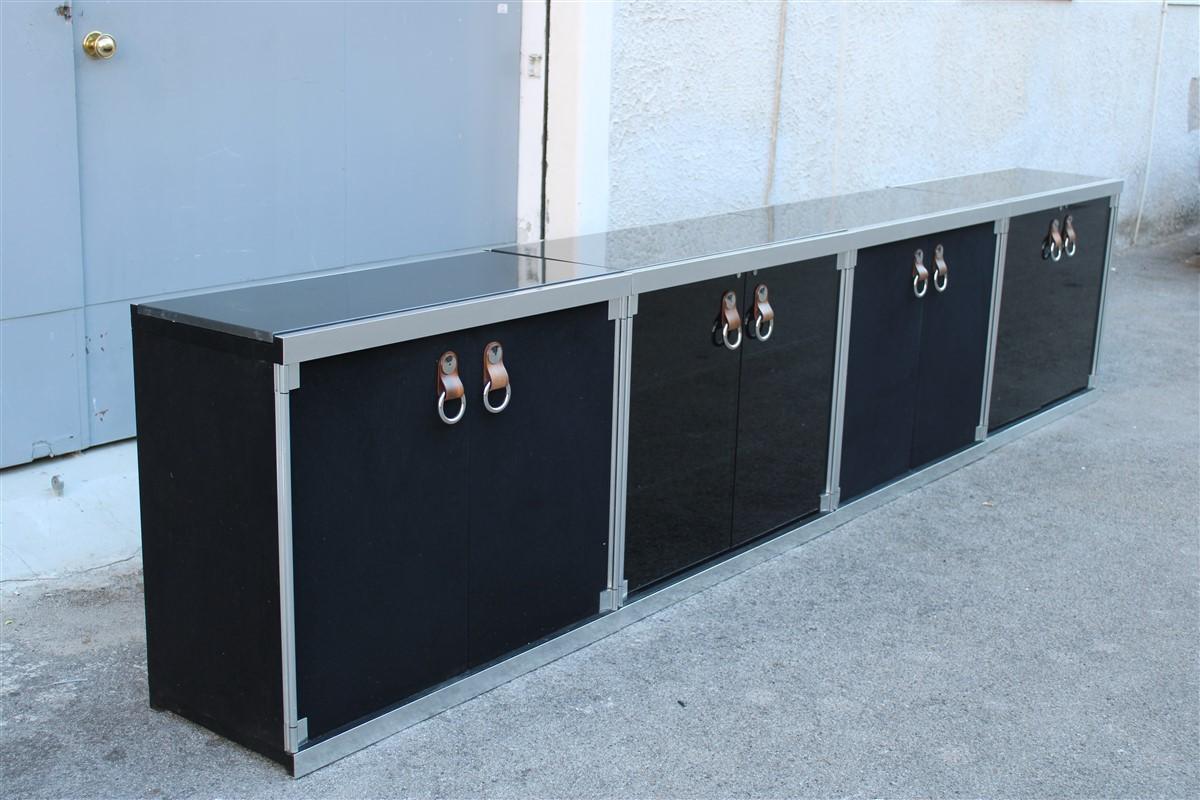 Modular Sideboard Black Silver France Hermes Guido Faleschini 1970s Leather  In Good Condition For Sale In Palermo, Sicily