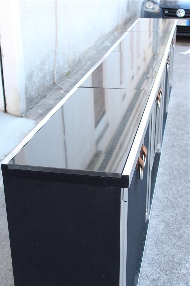 Steel Modular Sideboard Black Silver France Hermes Guido Faleschini 1970s Leather  For Sale
