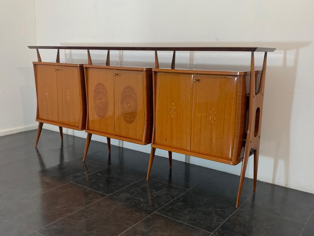 Mid-Century Modern Modular Sideboard with 3 Bodies on Legs attributed to Vittorio Dassi, Set of 3 For Sale