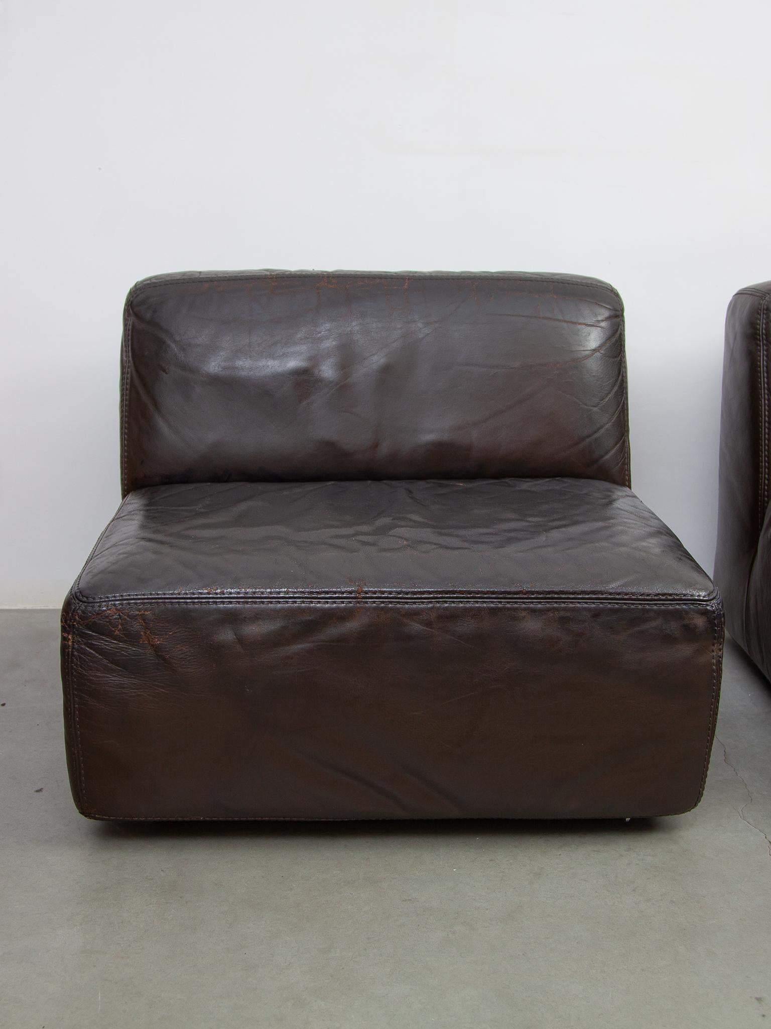 Modulares Sofa 1970er Braunes Leder entworfen von Durlet (Handgefertigt) im Angebot