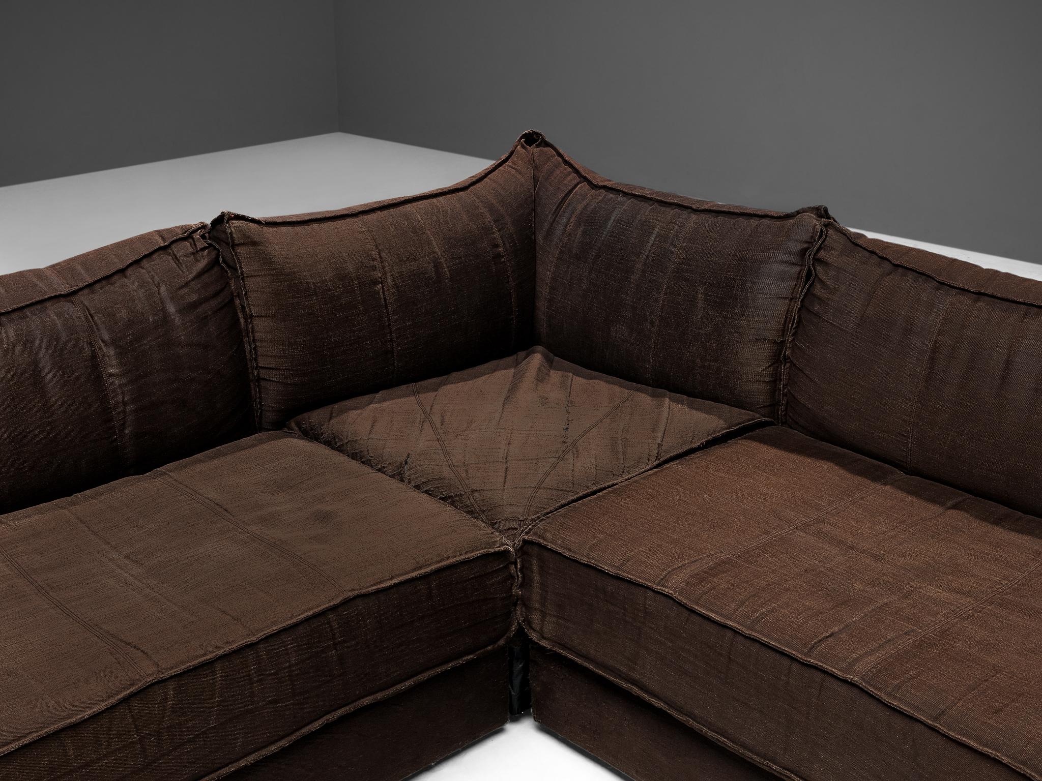 Mid-Century Modern Modular Sofa in Brown Fabric For Sale