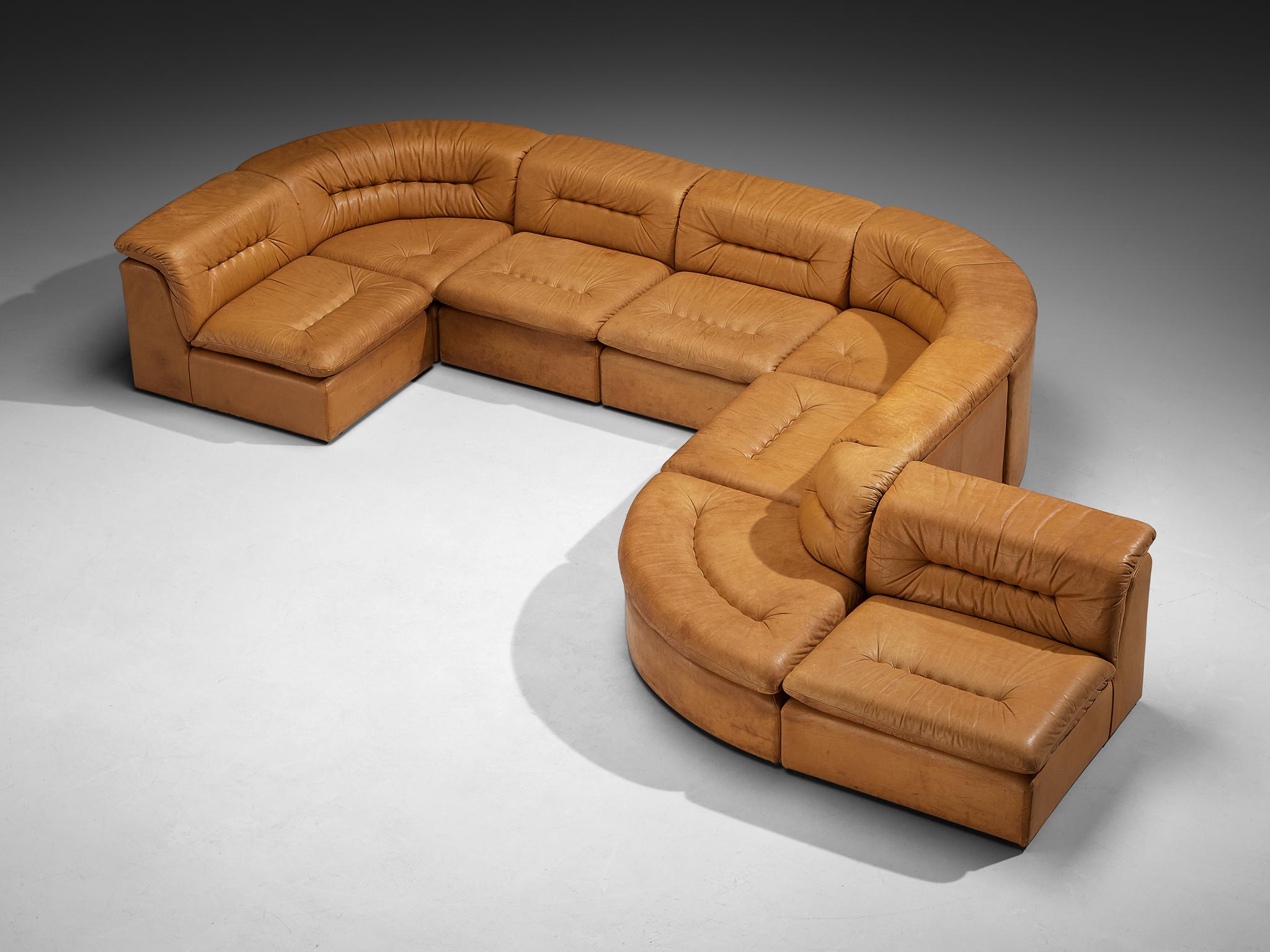 Modular Sofa in Cognac Leather With Tufted Backrests and Seats 4