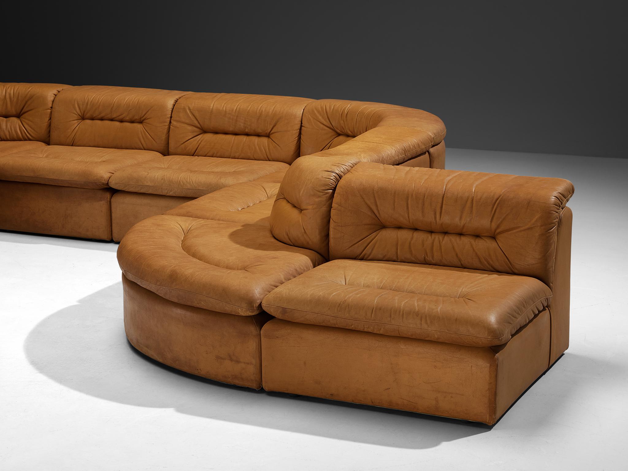 Modular Sofa in Cognac Leather With Tufted Backrests and Seats 5