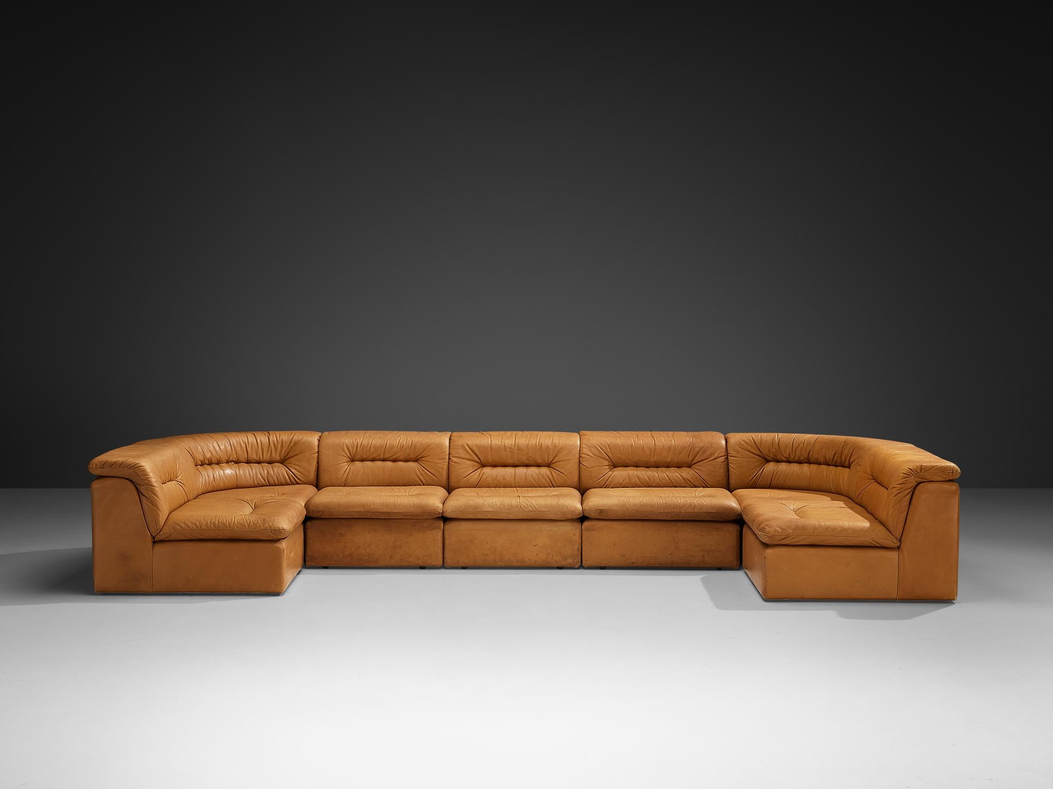 Post-Modern Modular Sofa in Cognac Leather With Tufted Backrests and Seats