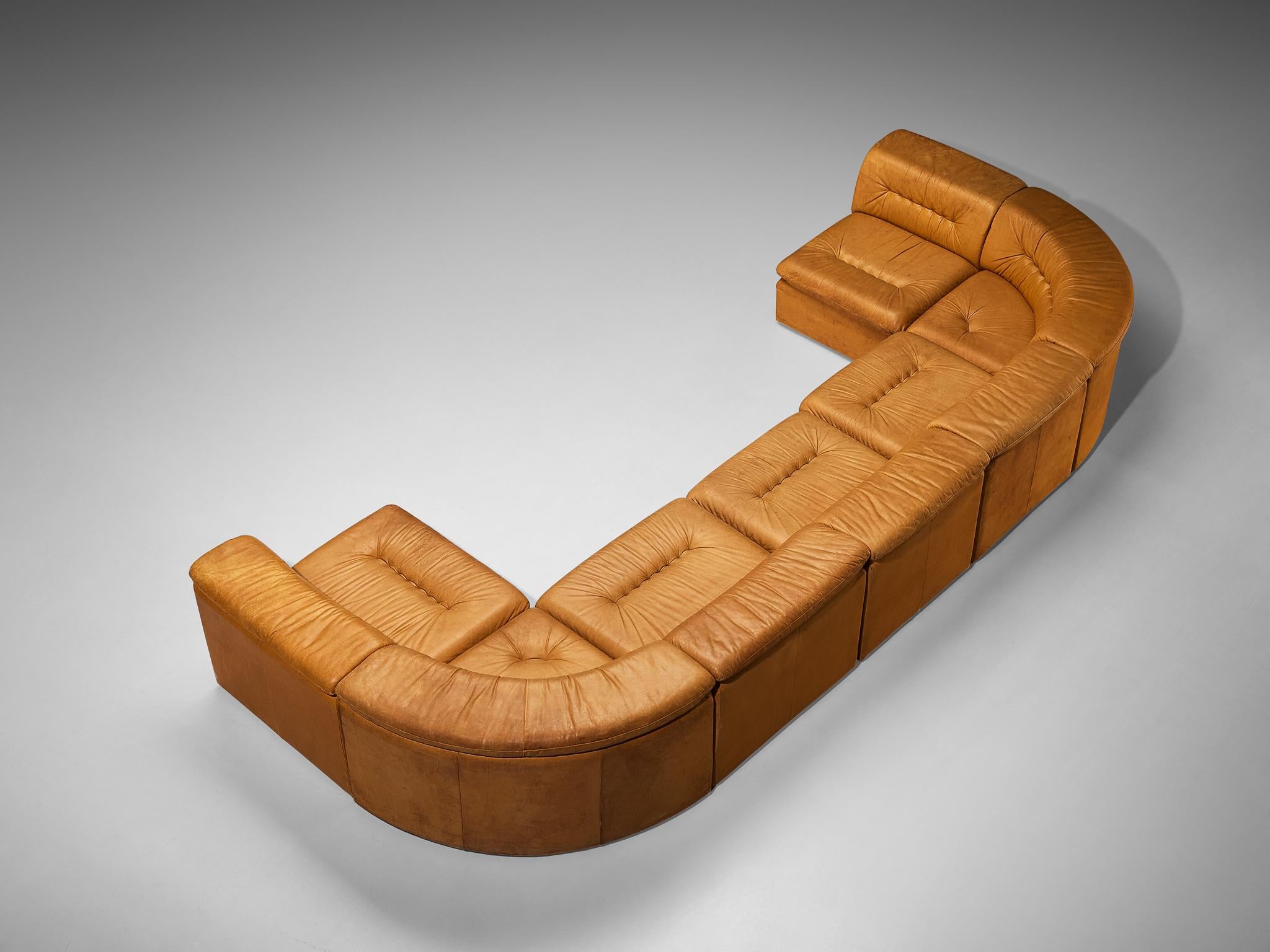 Italian Modular Sofa in Cognac Leather With Tufted Backrests and Seats