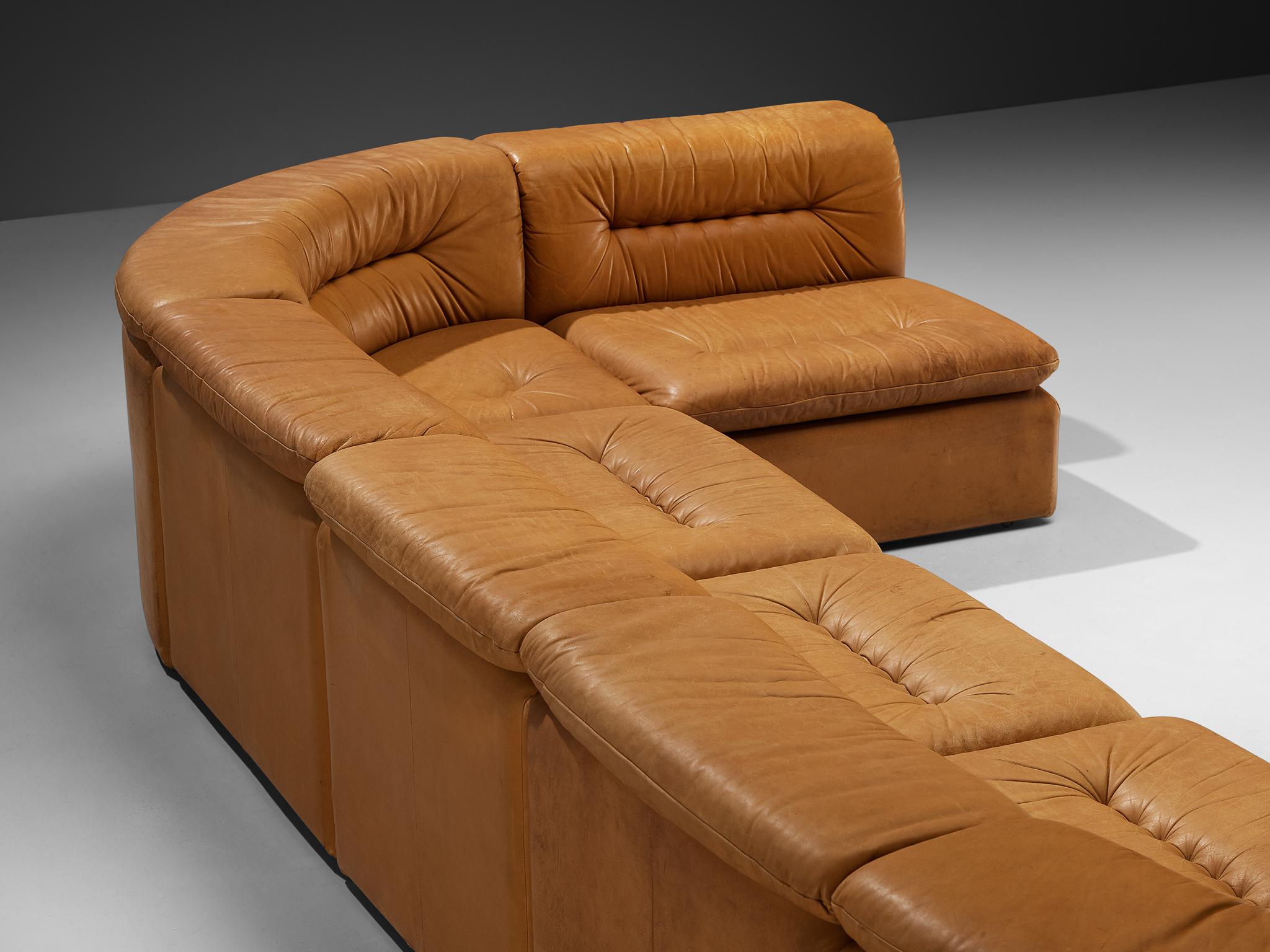 Modular Sofa in Cognac Leather With Tufted Backrests and Seats In Good Condition In Waalwijk, NL