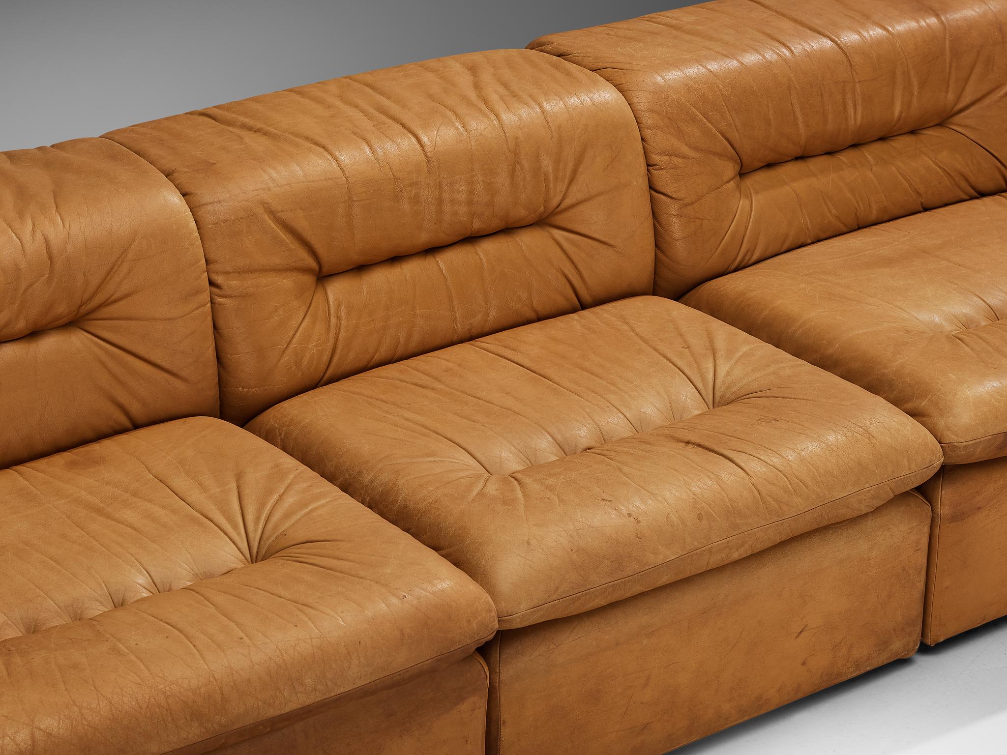 Late 20th Century Modular Sofa in Cognac Leather With Tufted Backrests and Seats