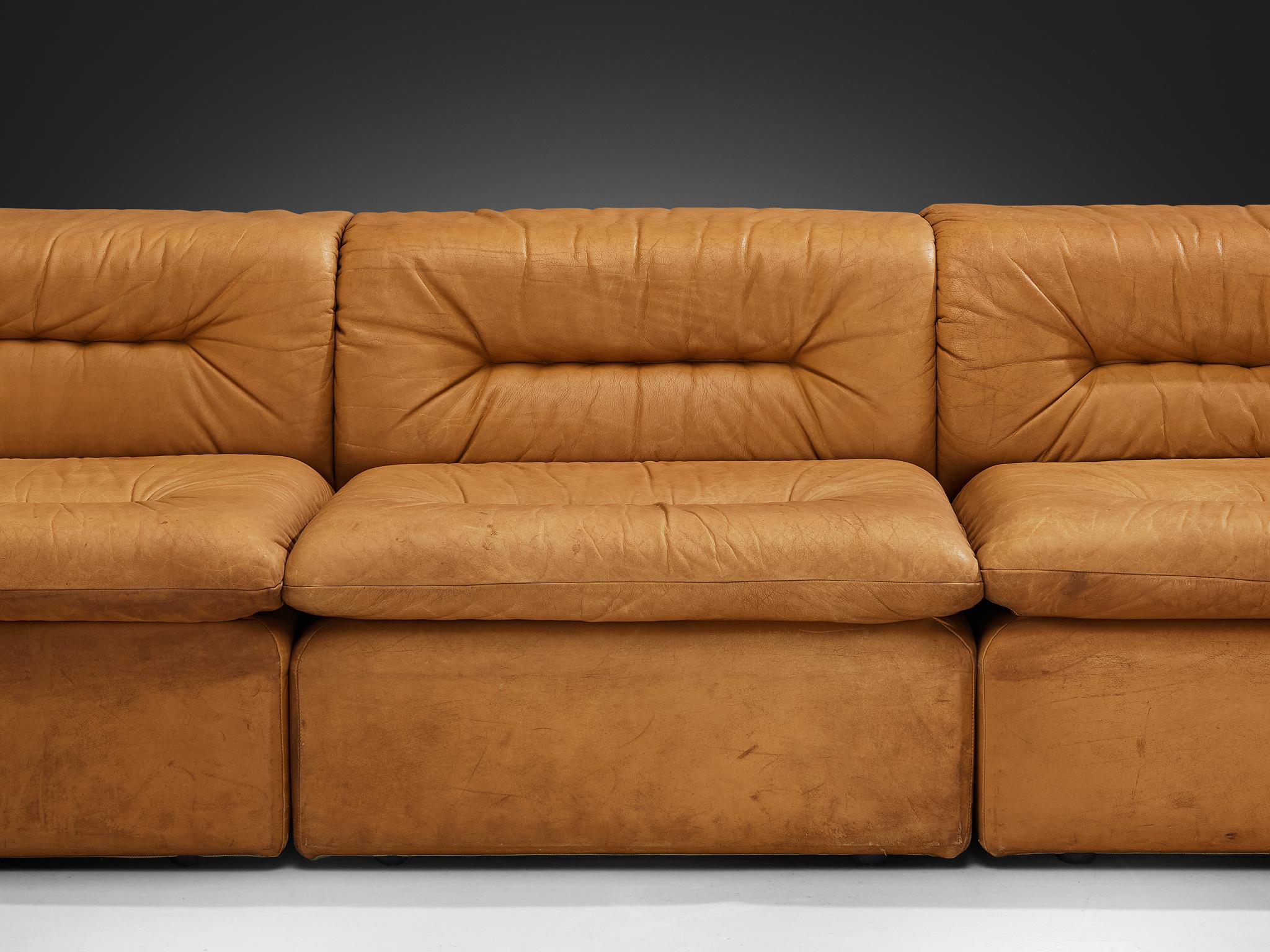 Modular Sofa in Cognac Leather With Tufted Backrests and Seats 1