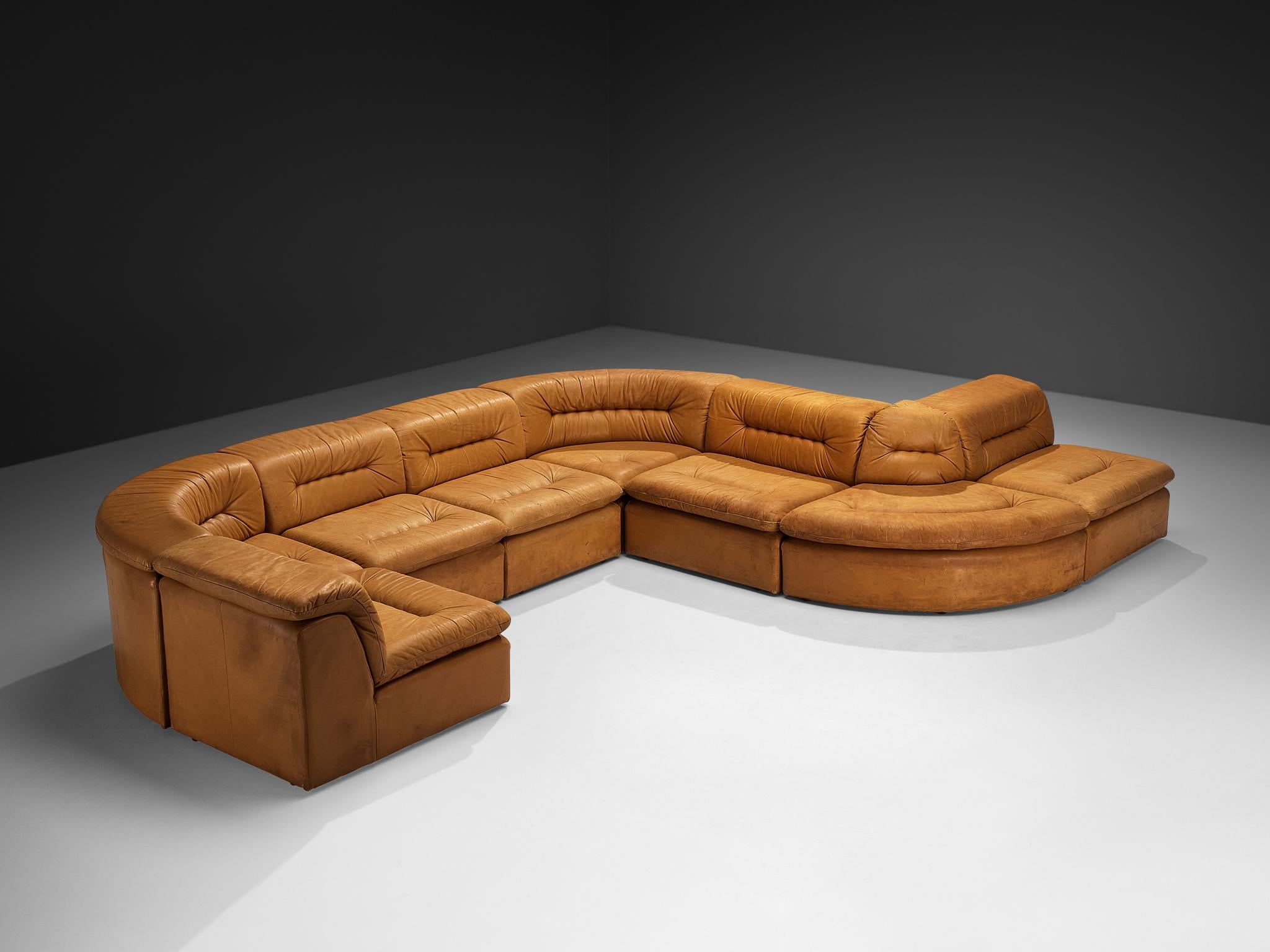 Modular Sofa in Cognac Leather With Tufted Backrests and Seats 2