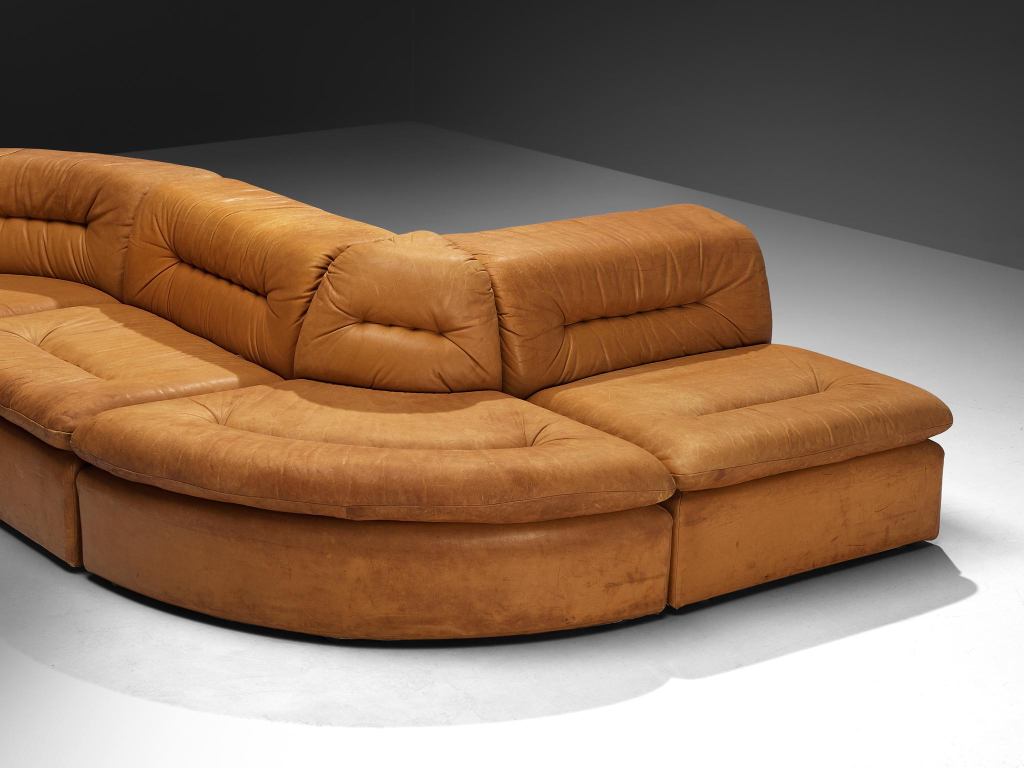Modular Sofa in Cognac Leather With Tufted Backrests and Seats 3