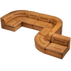 Modular Sofa in Cognac Leather With Tufted Backrests and Seats