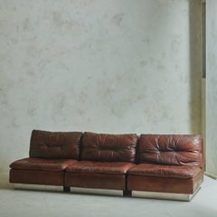 Modular Sofa in Original Chocolate Leather With Chrome Base by Saporiti, Italy