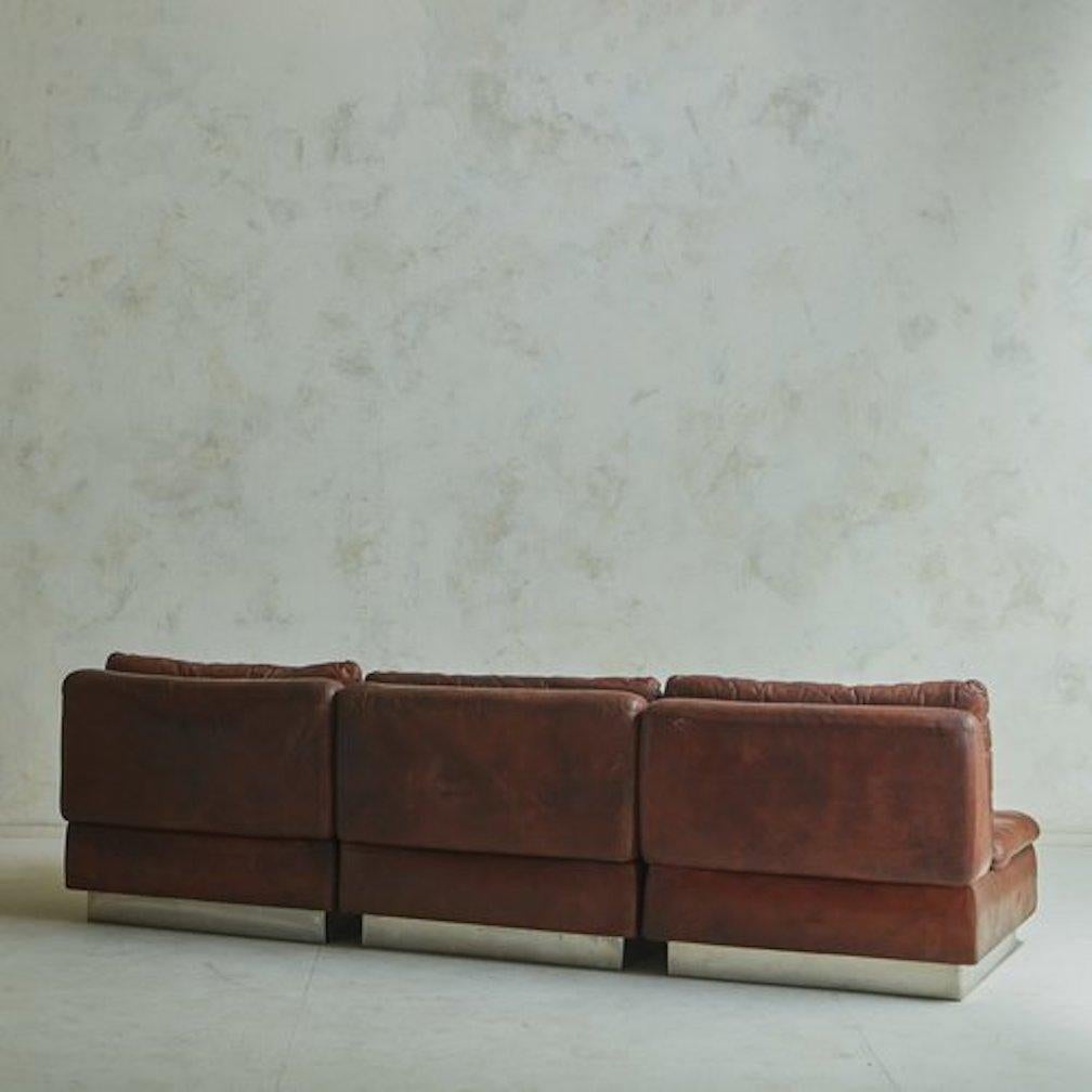 Italian Modular Sofa in Original Chocolate Leather With Chrome Base by Saporiti, Italy 