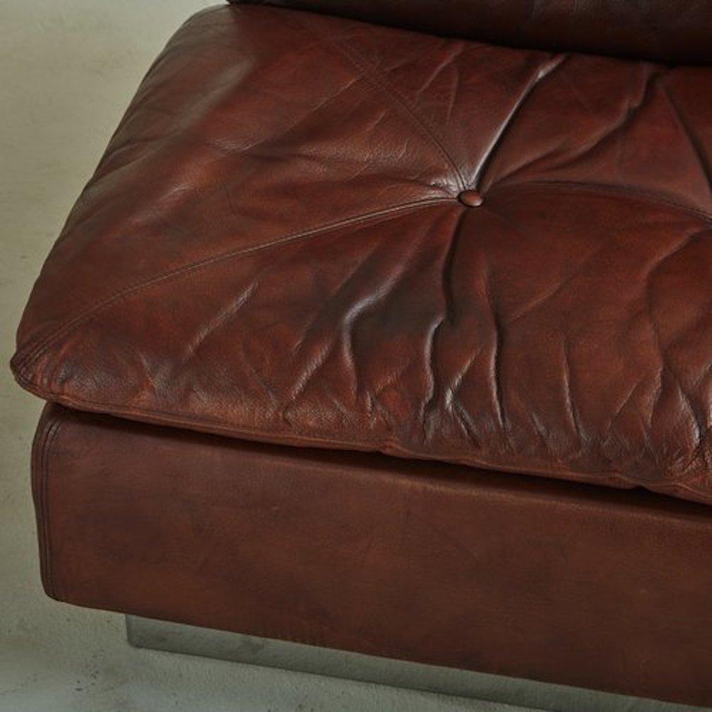 Modular Sofa in Original Chocolate Leather With Chrome Base by Saporiti, Italy  In Fair Condition In Chicago, IL