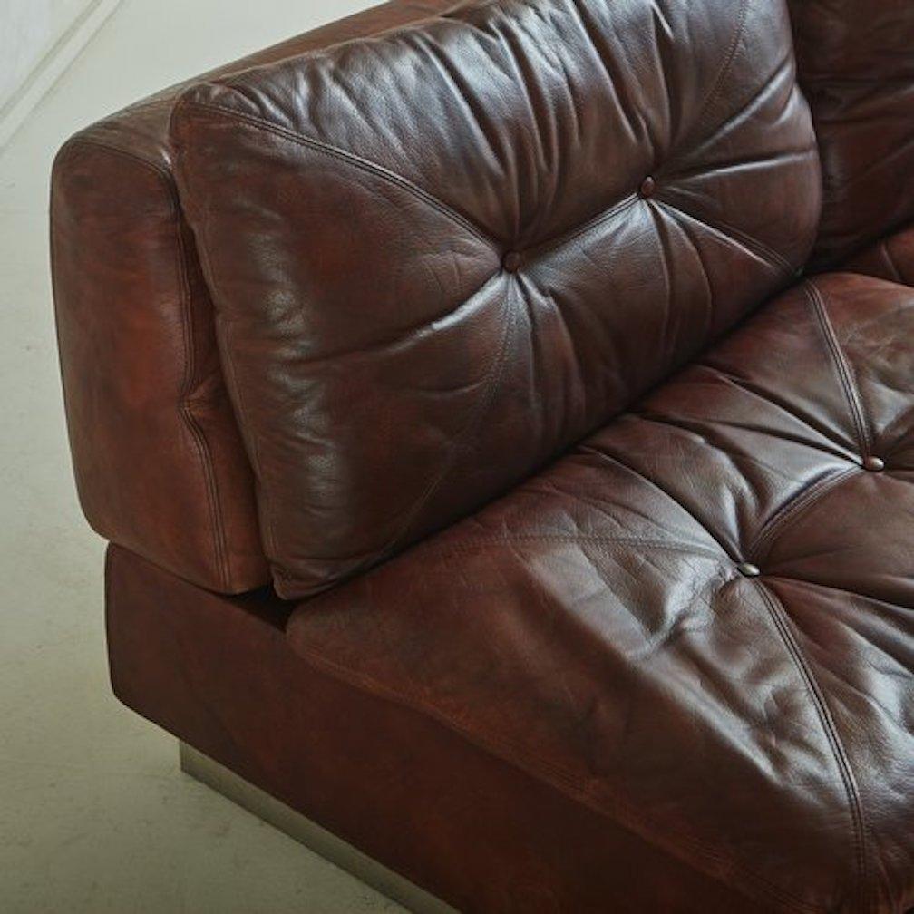 Modular Sofa in Original Chocolate Leather With Chrome Base by Saporiti, Italy  3