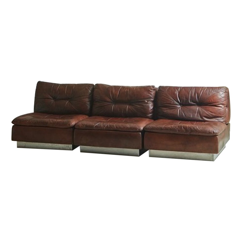 Modular Sofa in Original Chocolate Leather With Chrome Base by Saporiti, Italy
