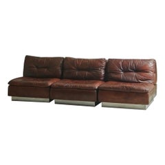 Modular Sofa in Original Chocolate Leather With Chrome Base by Saporiti, Italy