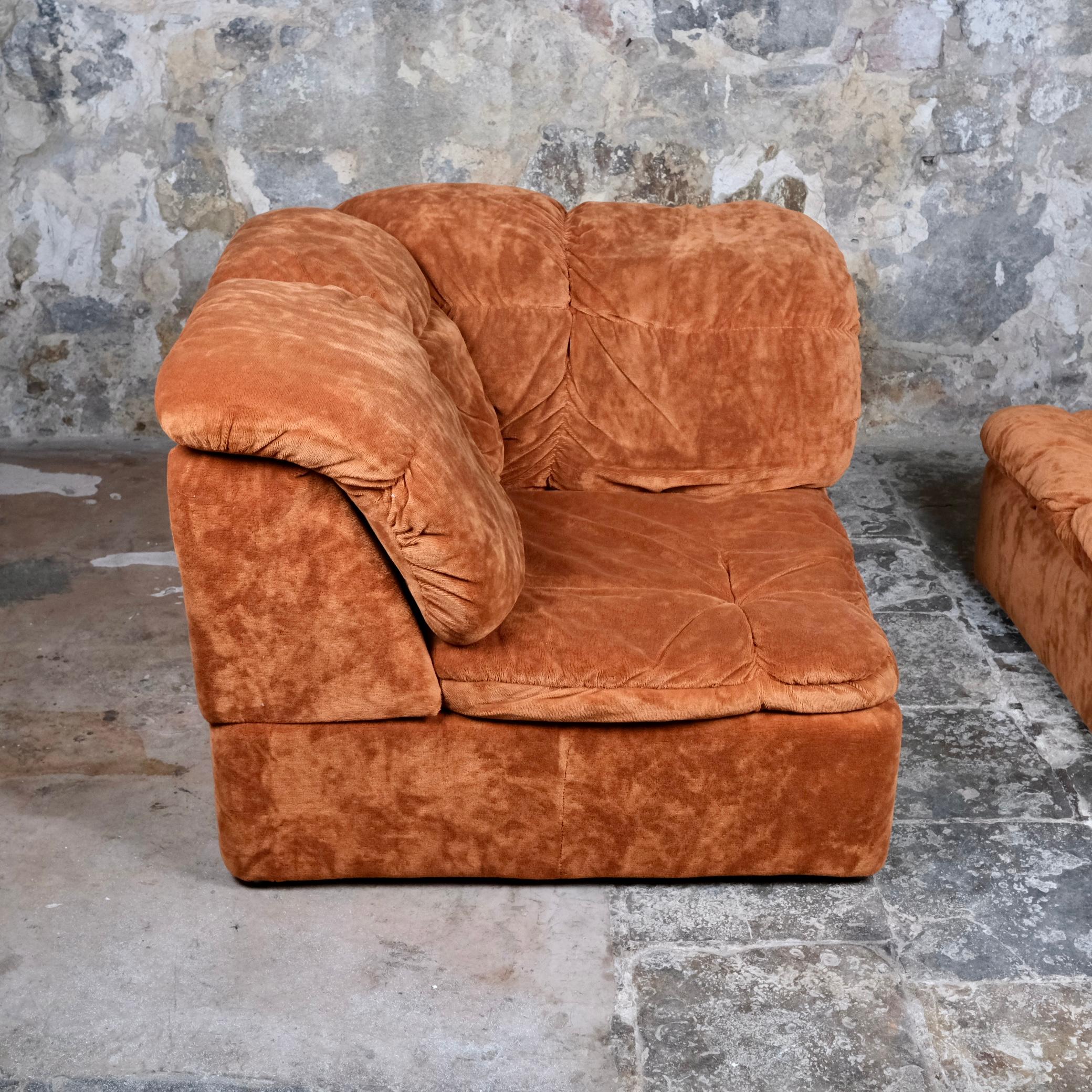 Modular sofa or living room set in terracotta velvet by Beka, France, 1970s 6