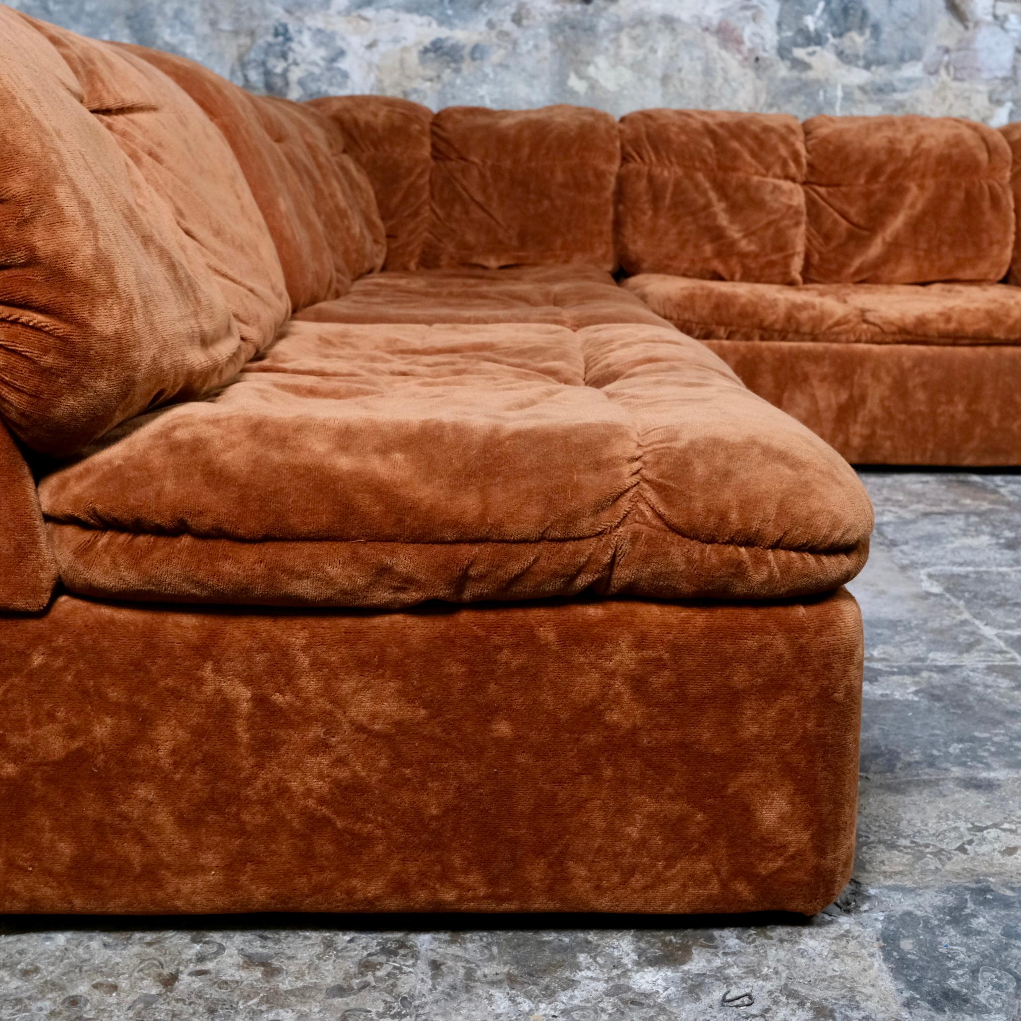 Modular sofa or living room set in terracotta velvet by Beka, France, 1970s 9