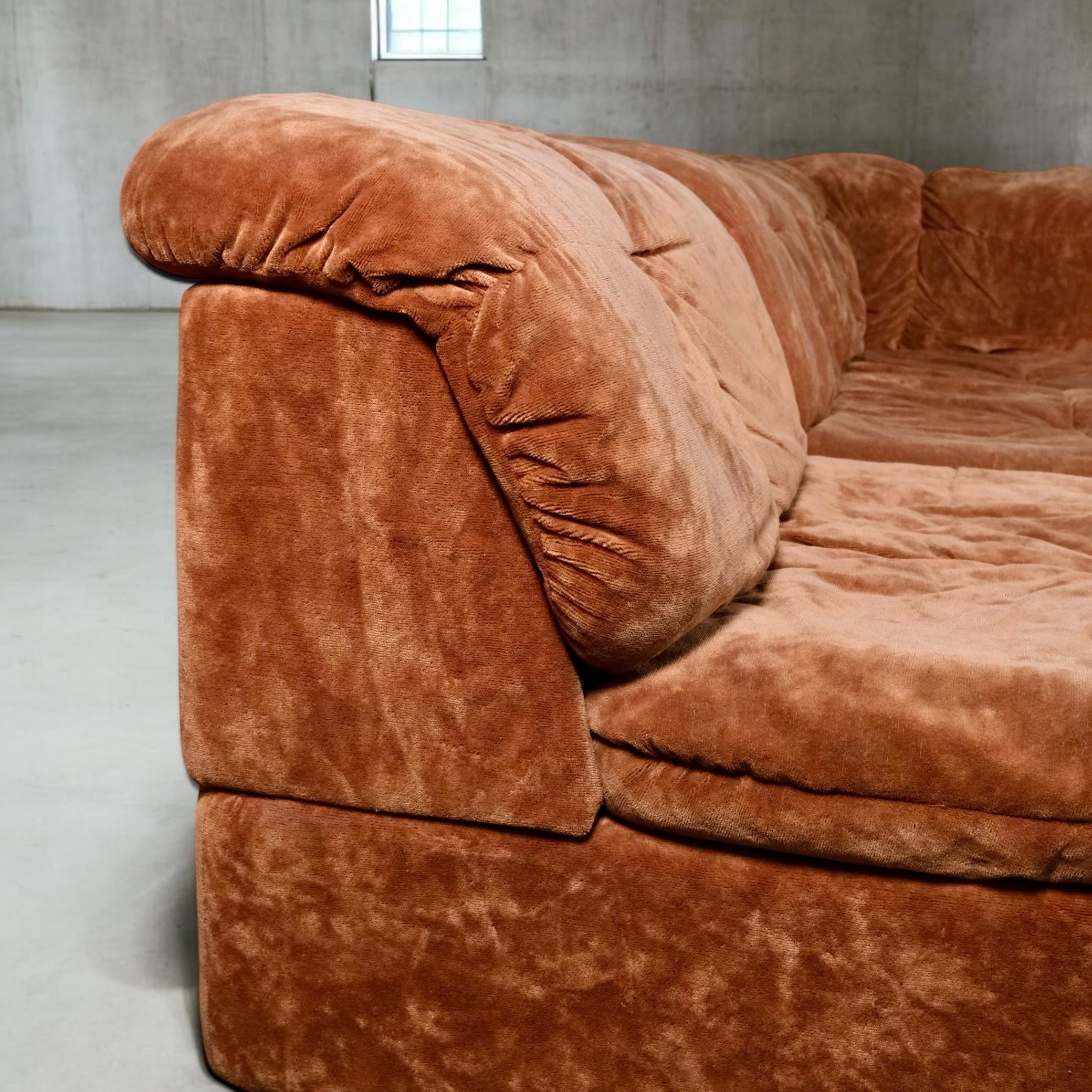 Modular sofa or living room set in terracotta velvet by Beka, France, 1970s 10
