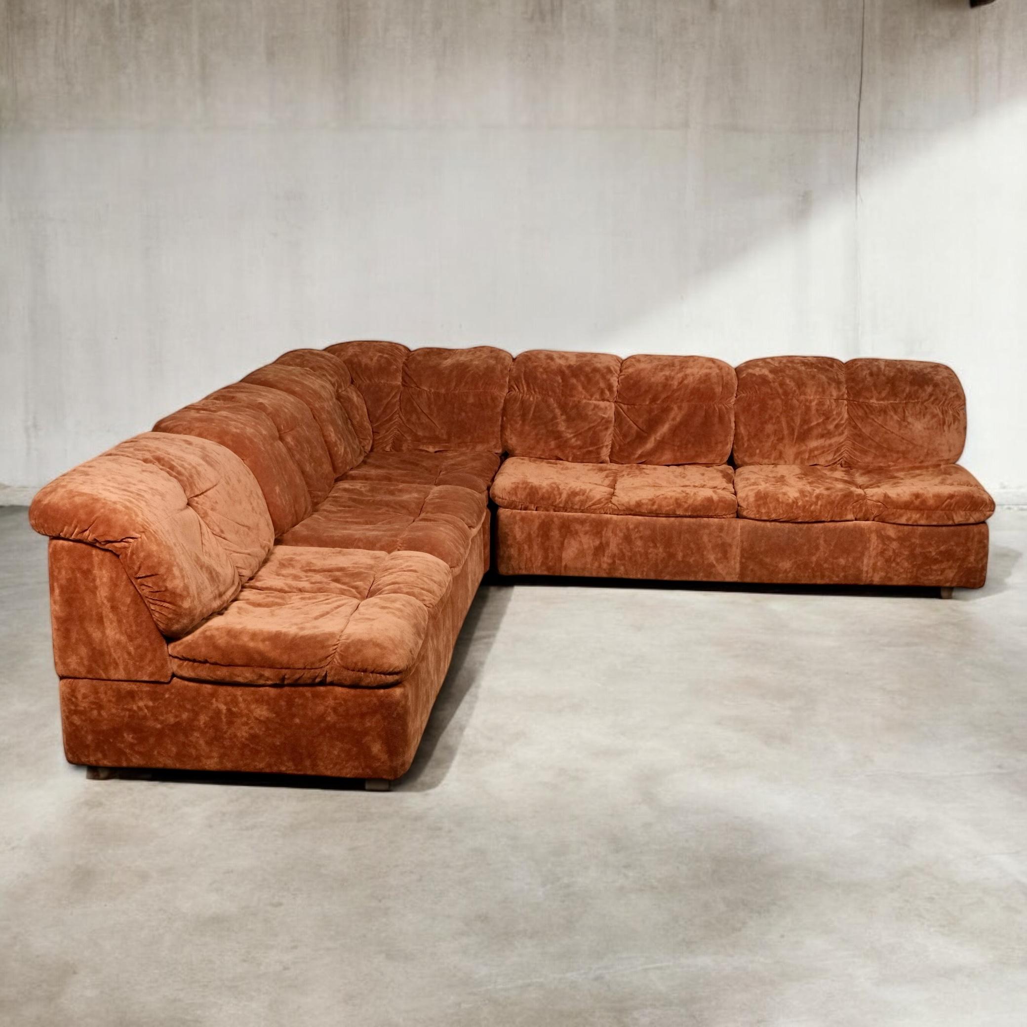 Mid-Century Modern Modular sofa or living room set in terracotta velvet by Beka, France, 1970s