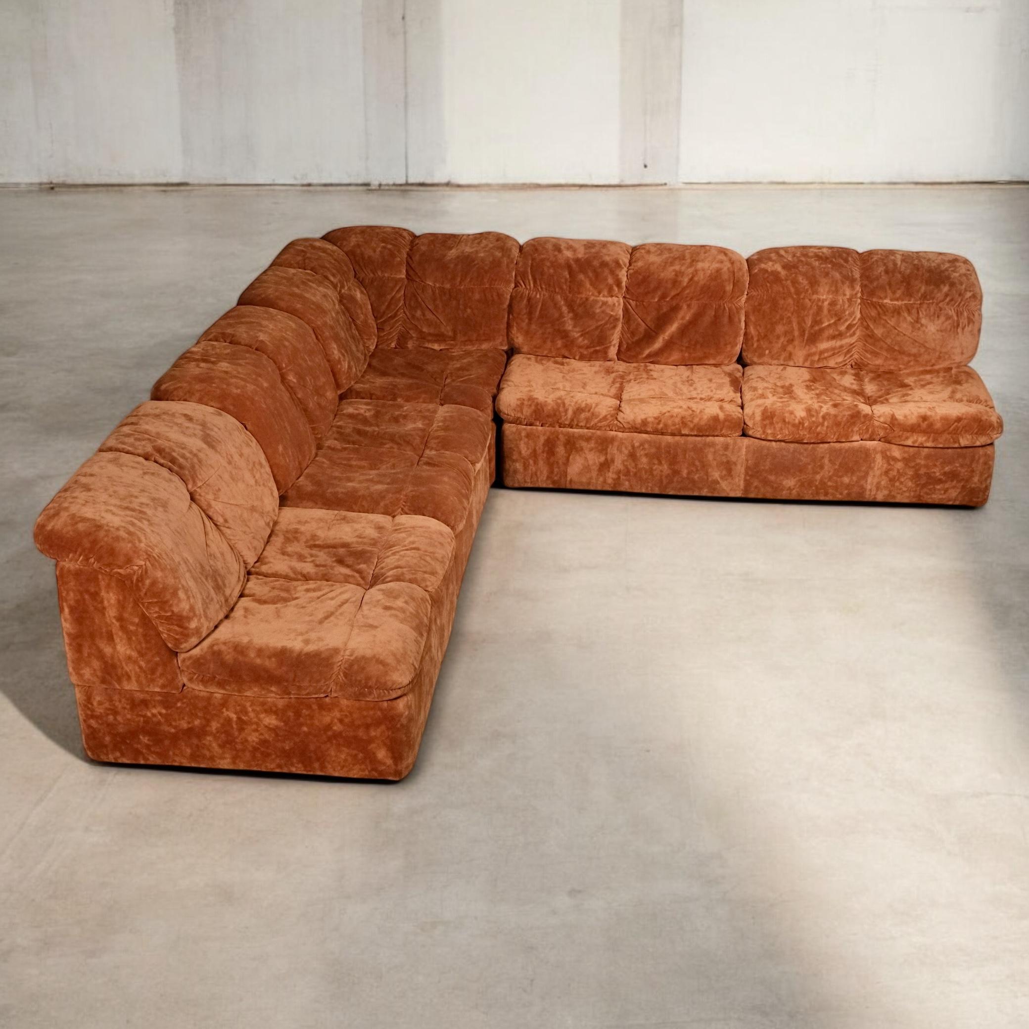 French Modular sofa or living room set in terracotta velvet by Beka, France, 1970s