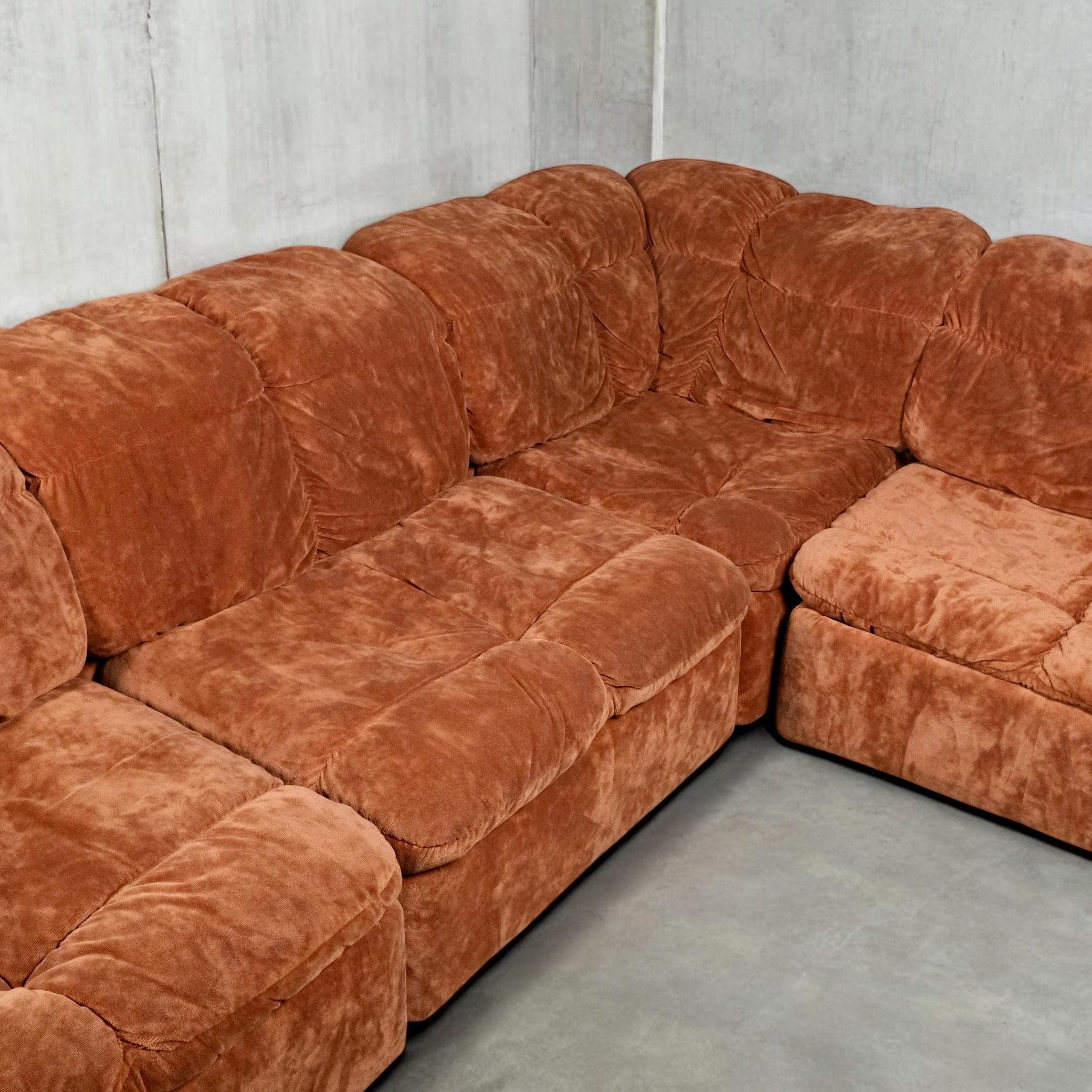 Late 20th Century Modular sofa or living room set in terracotta velvet by Beka, France, 1970s