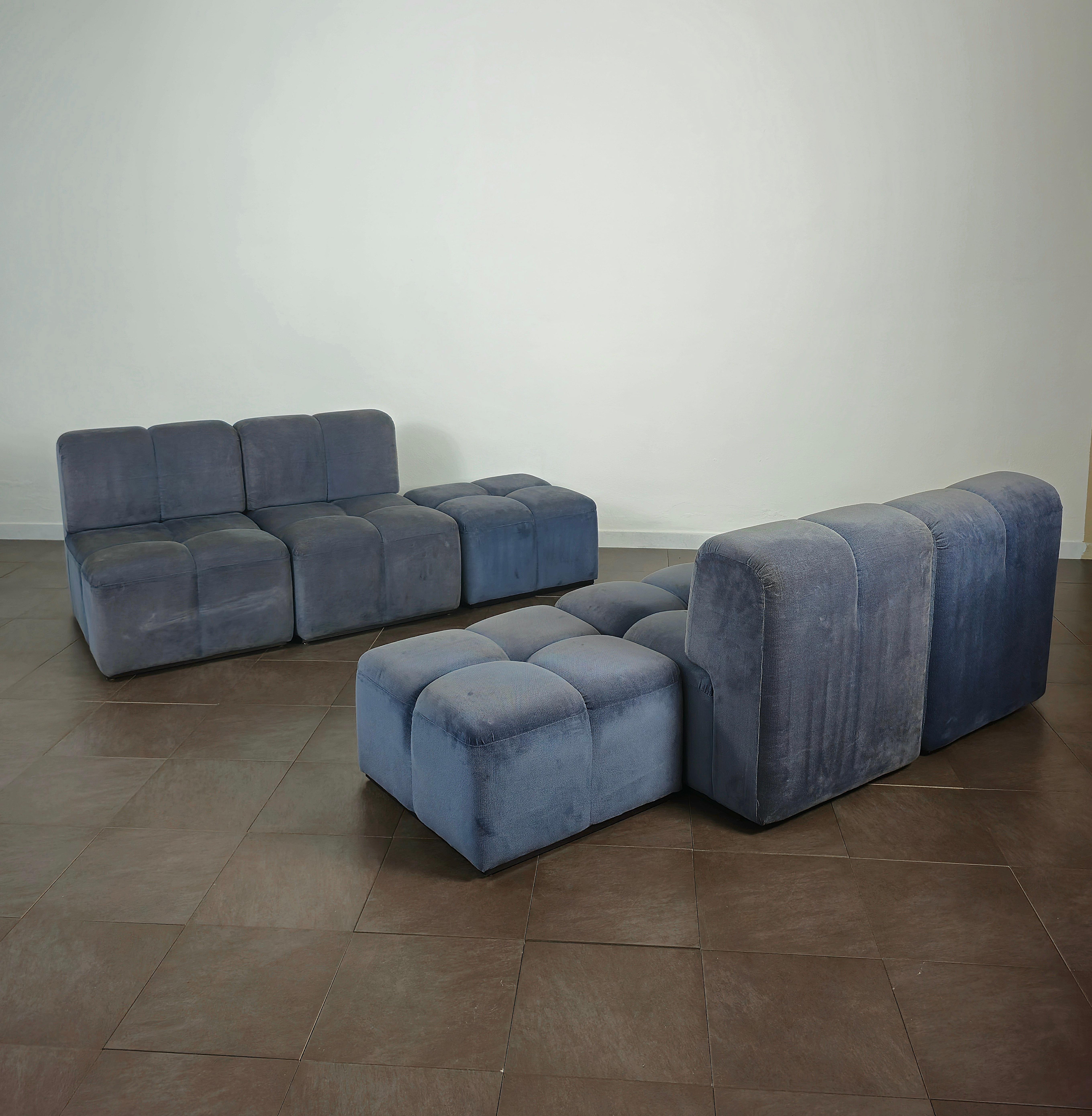 Modular Sofa Poufs Samt glatt Midcentury Italian Design 1970er Jahre Satz von 6 im Angebot 4