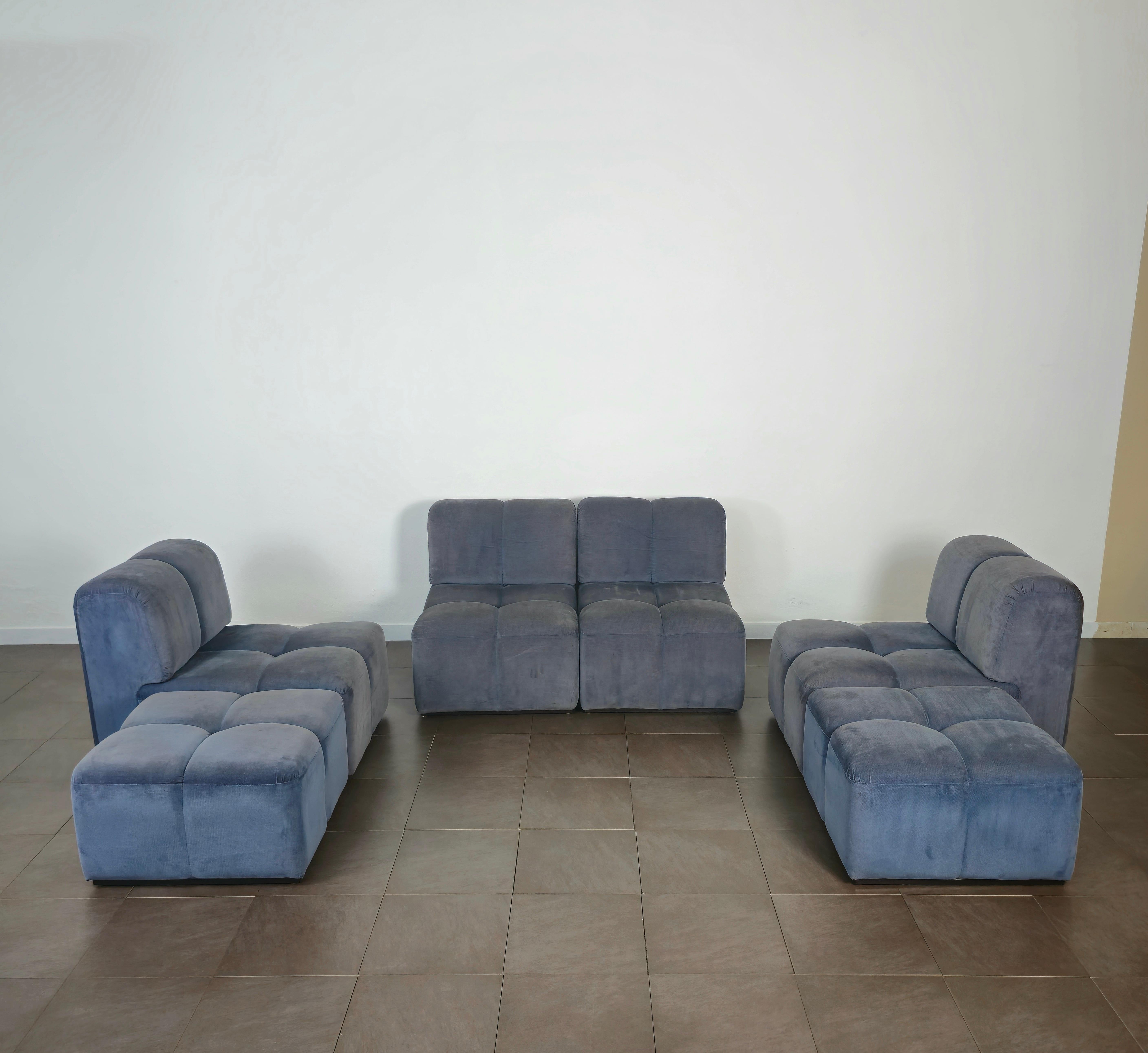 Mid-Century Modern Modular Sofa Poufs Velvet Smooth Midcentury Italian Design 1970s Set of 6 For Sale