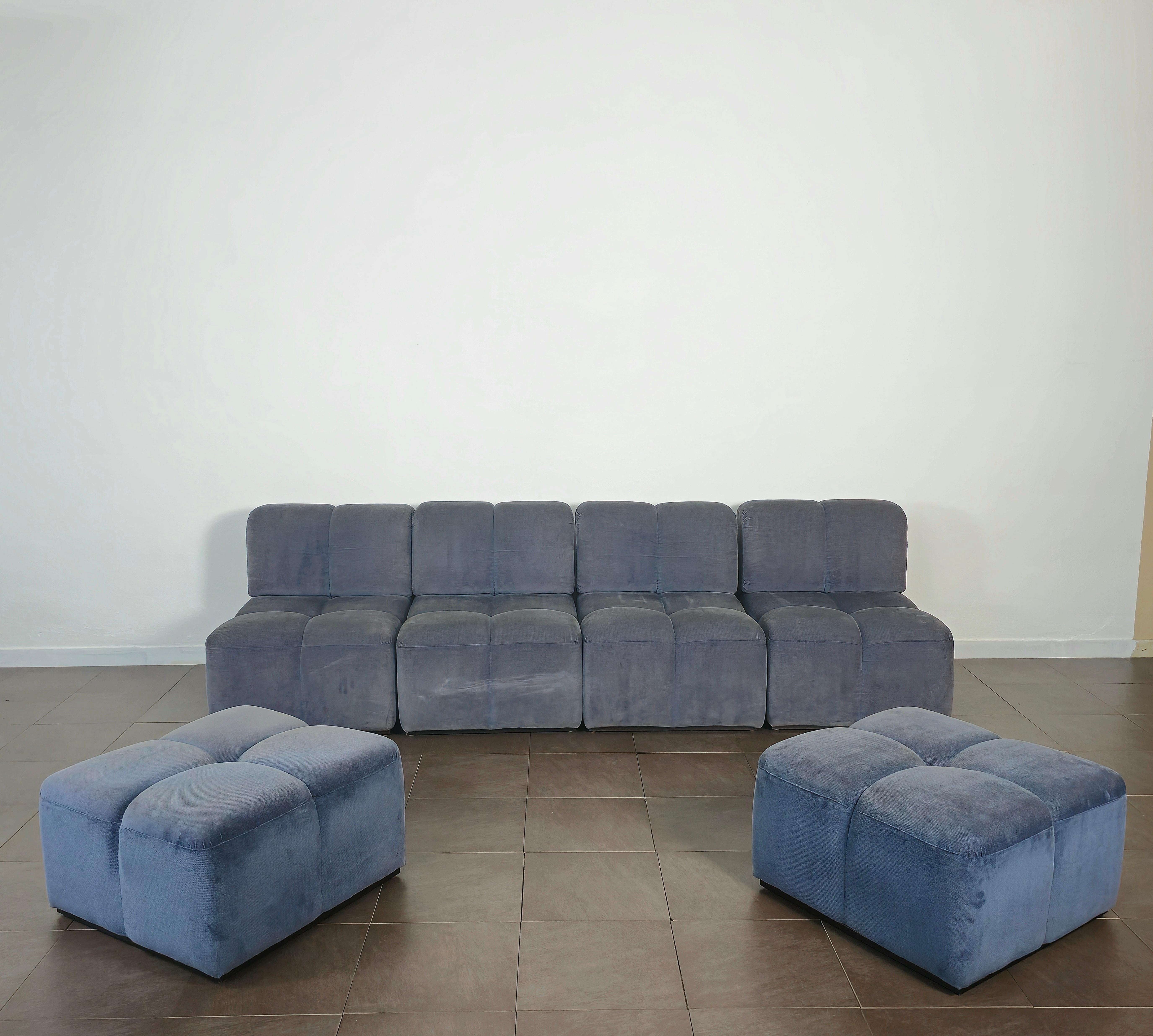 Modular Sofa Poufs Samt glatt Midcentury Italian Design 1970er Jahre Satz von 6 (20. Jahrhundert) im Angebot