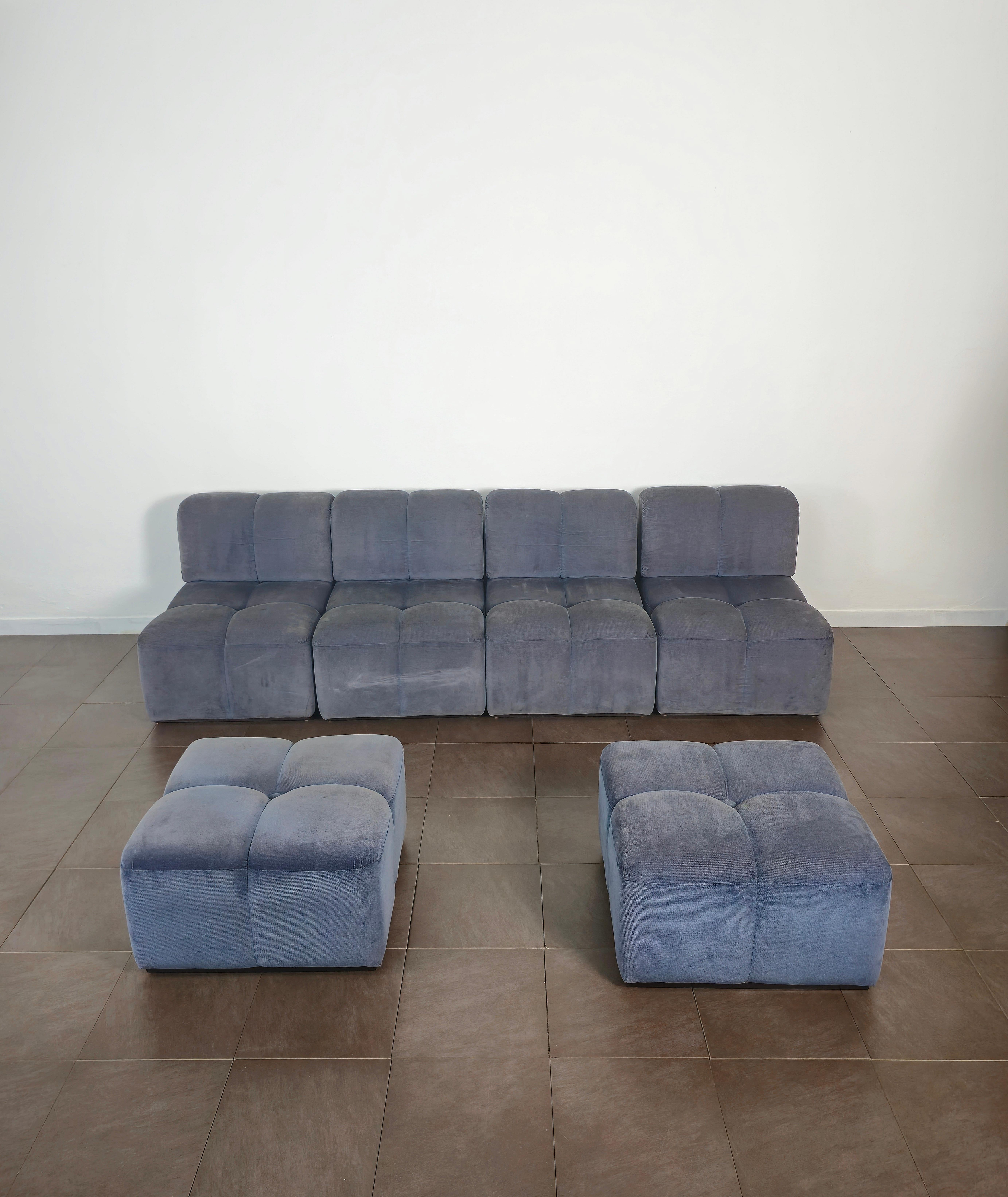 Modular Sofa Poufs Samt glatt Midcentury Italian Design 1970er Jahre Satz von 6 im Angebot 1