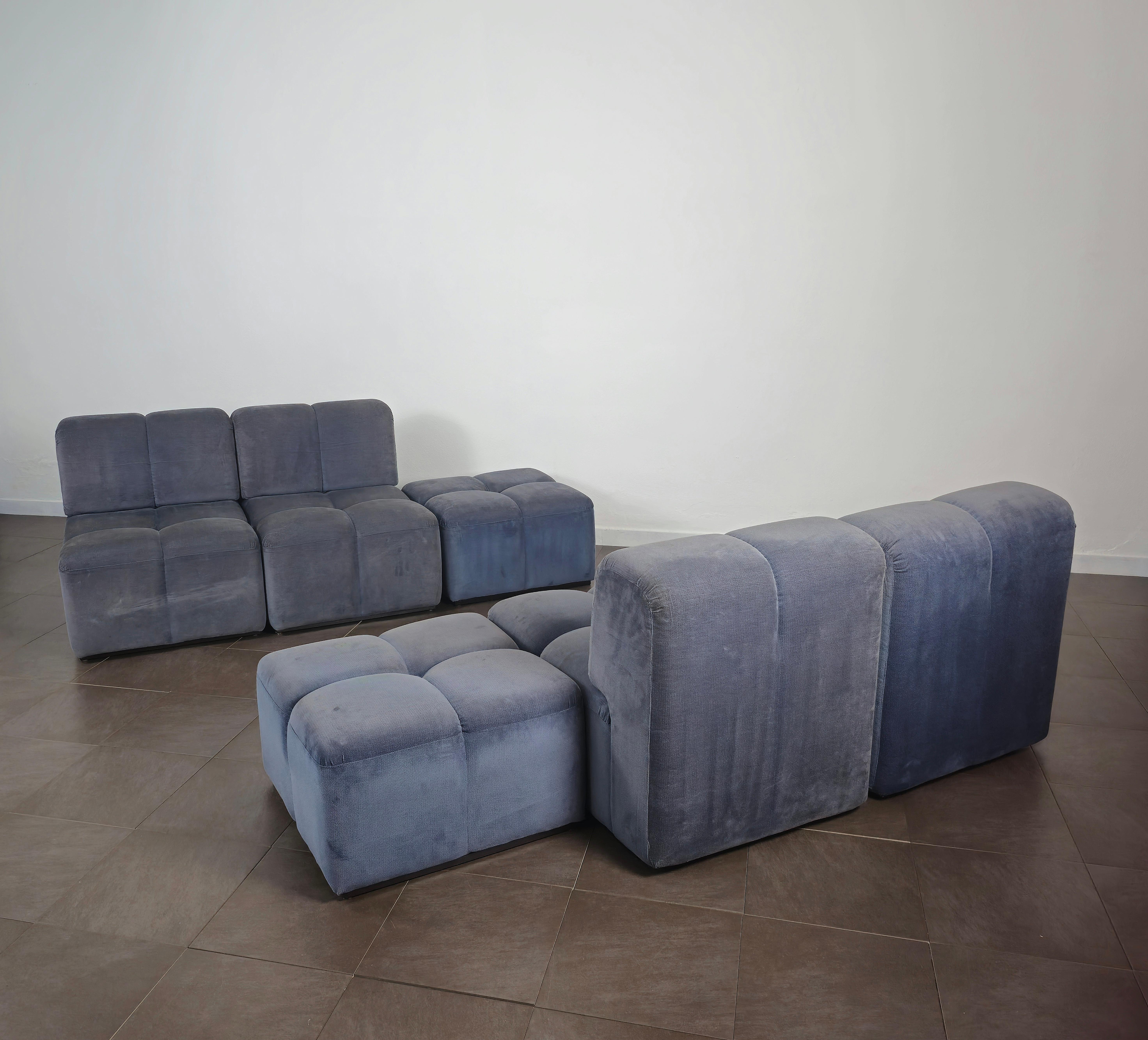 Modular Sofa Poufs Samt glatt Midcentury Italian Design 1970er Jahre Satz von 6 im Angebot 3