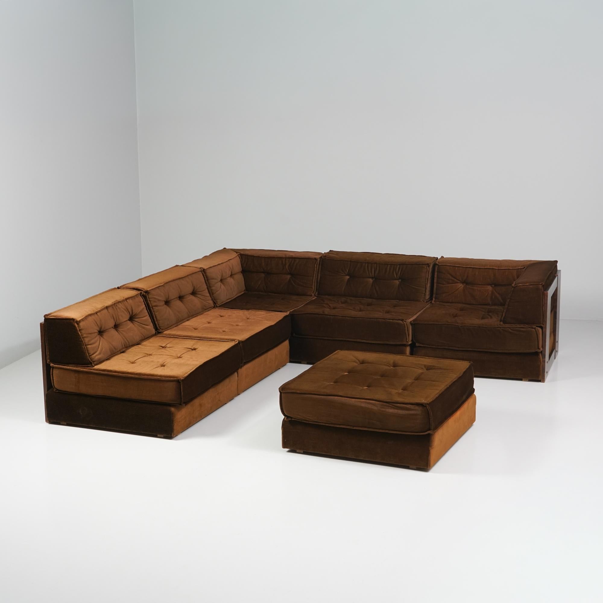 Modular sofa, manufactured by Vilka, Finland, 1970s. Stained birch frame, original velvet -like fabric upholstery. Five pieces and an ottoman. Good vintage condition, minor patina consistent with age and use. 

Dimensions: width 242 cm, depth 238