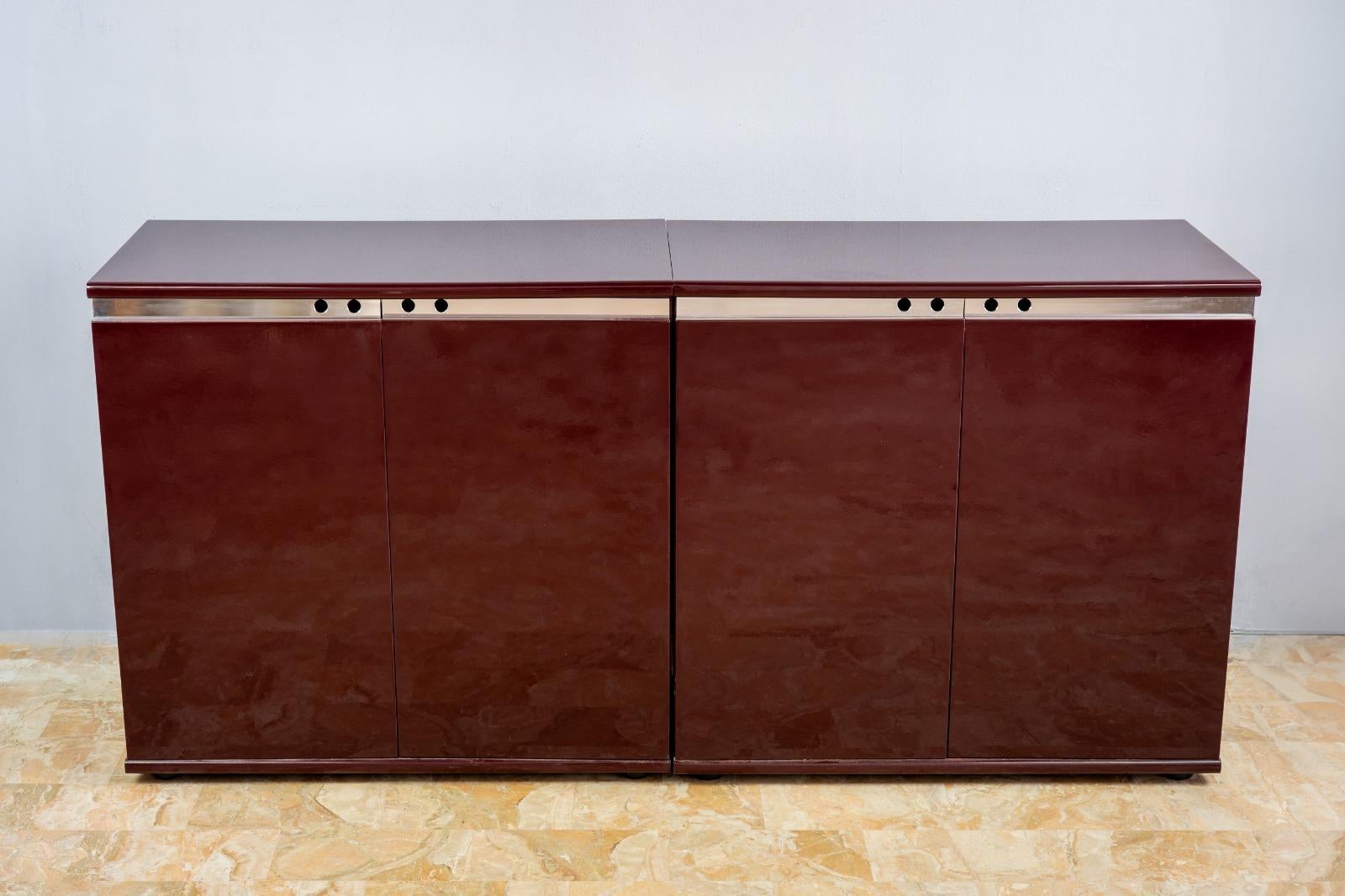 Mid-Century Modern modular variable  blood pigeon color laquared sidebord luxury metal For Sale