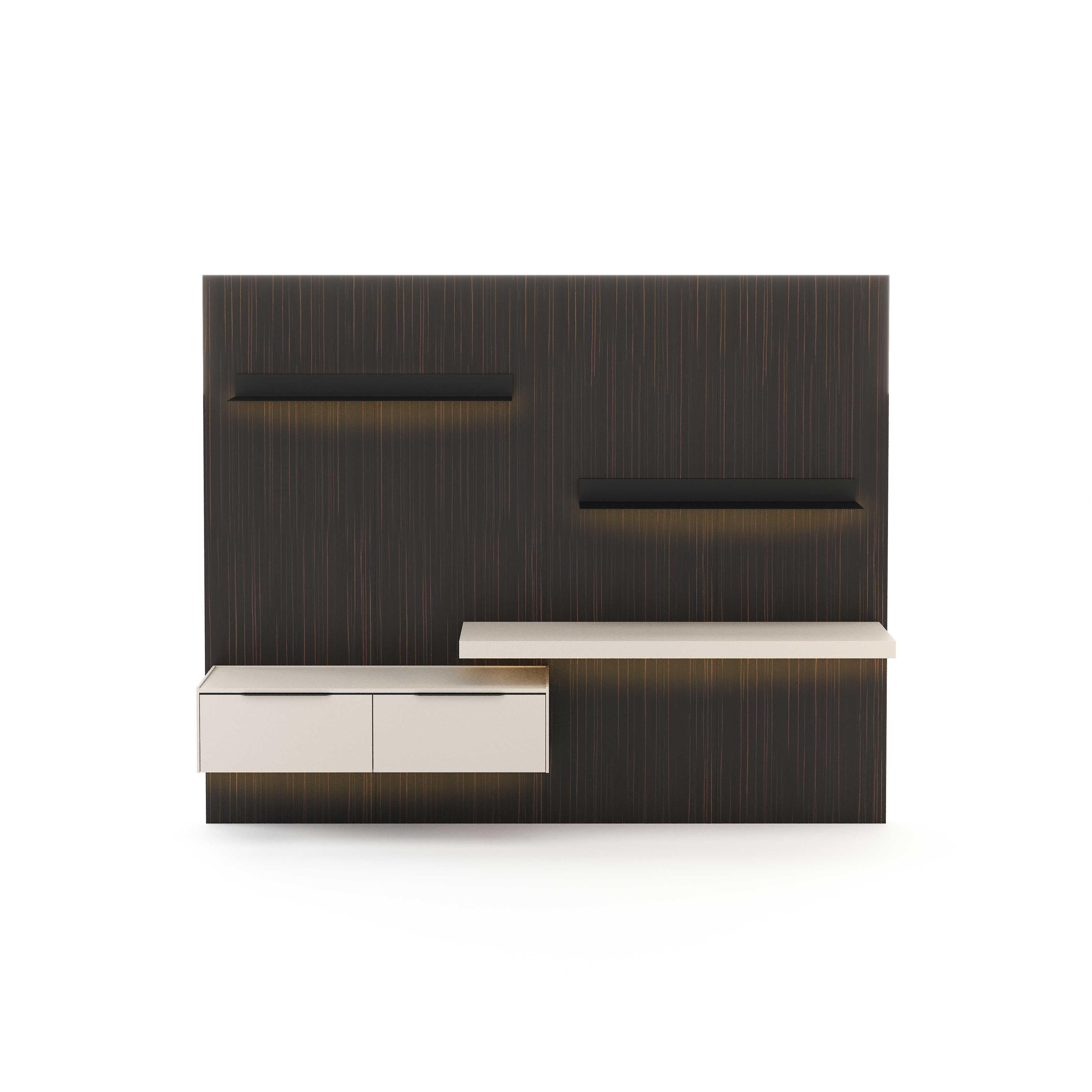 Composition Description

Panel 600 - 240 x 6 x H200 cm
Mate ebony makassar compound wood veneer (SCF-18)

Shelves - 1000 x 25 x H8 cm
Black metal (SCM-16) With led light (3000K)

Tv Cabinet - 100 x 40 x H30 cm
Mate beige lacquered (SCL-03)