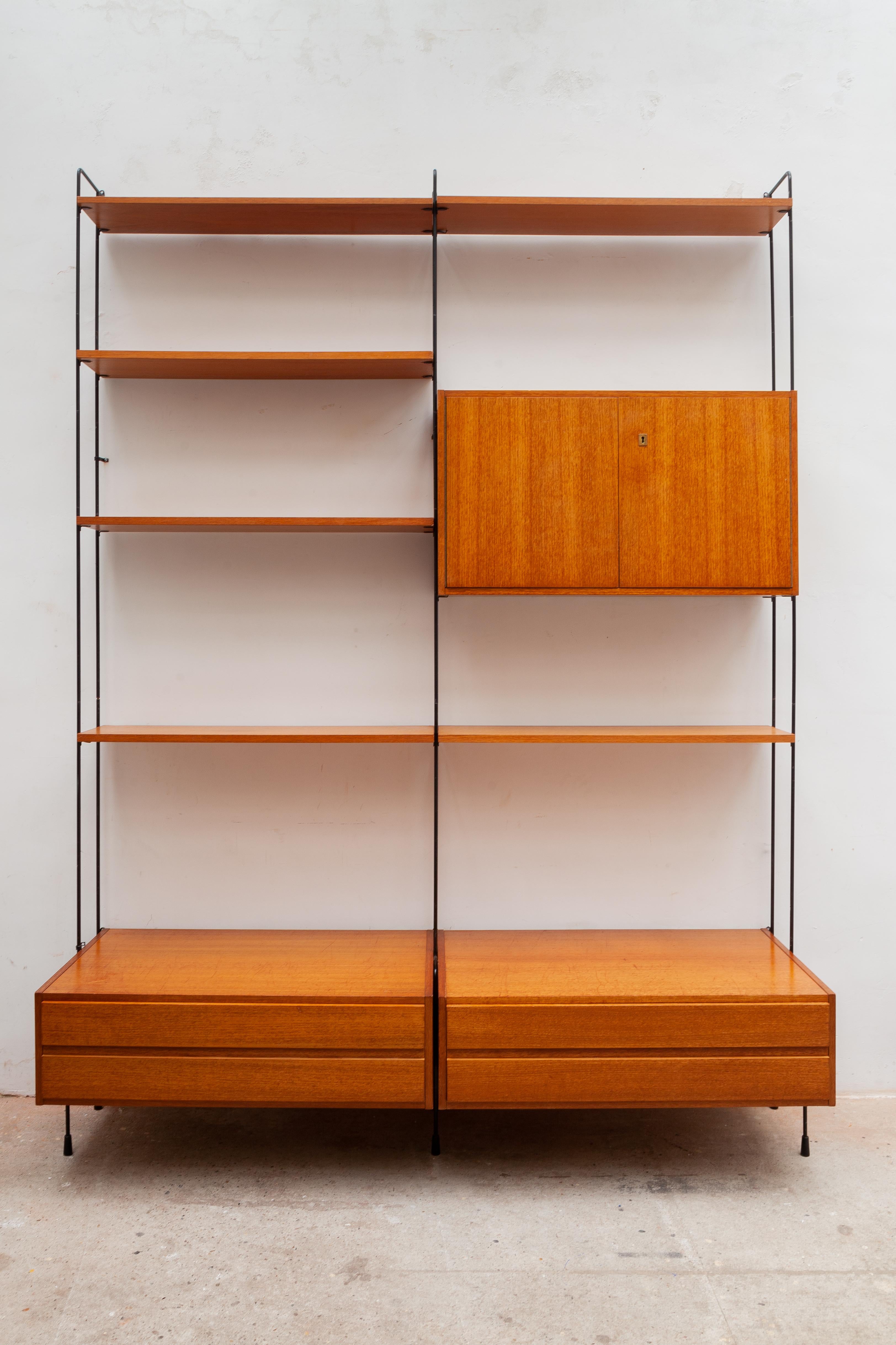 Metal Modular Wall Unit Shelving System in Teak by Hilker, 1960s, Germany