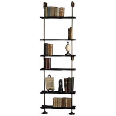 Modular Wall Unit System in Brass and Black Lacquered Wooden Storage Shelves