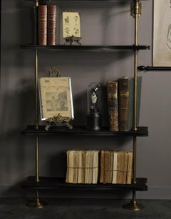 Modular Wall Unit System in Brass and Black Lacquered Wooden Storage Shelves