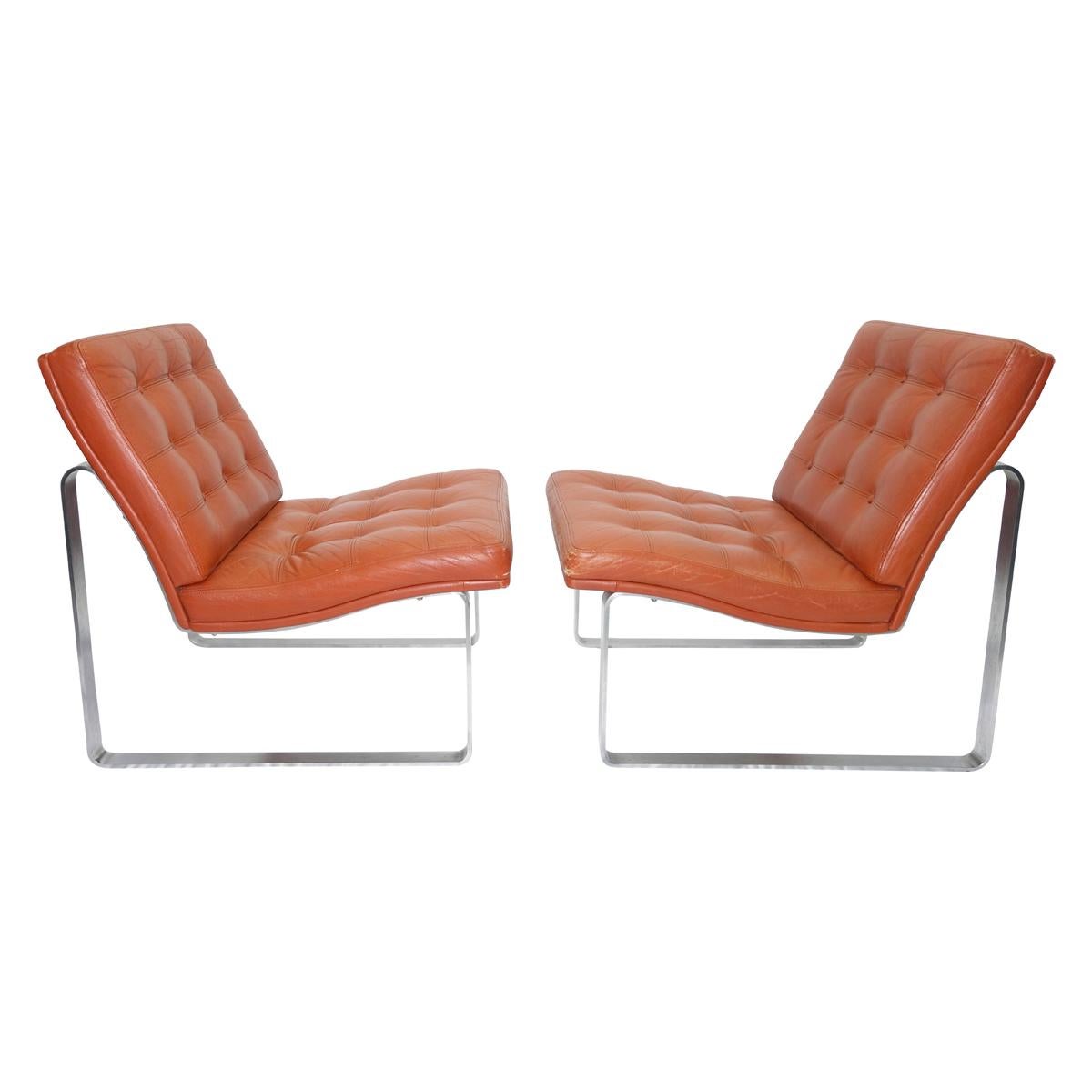 Mid-Century Modern Moduline Leather Chairs with Steel Legs by Ole Gjerløv-Knudsen for France & Son For Sale