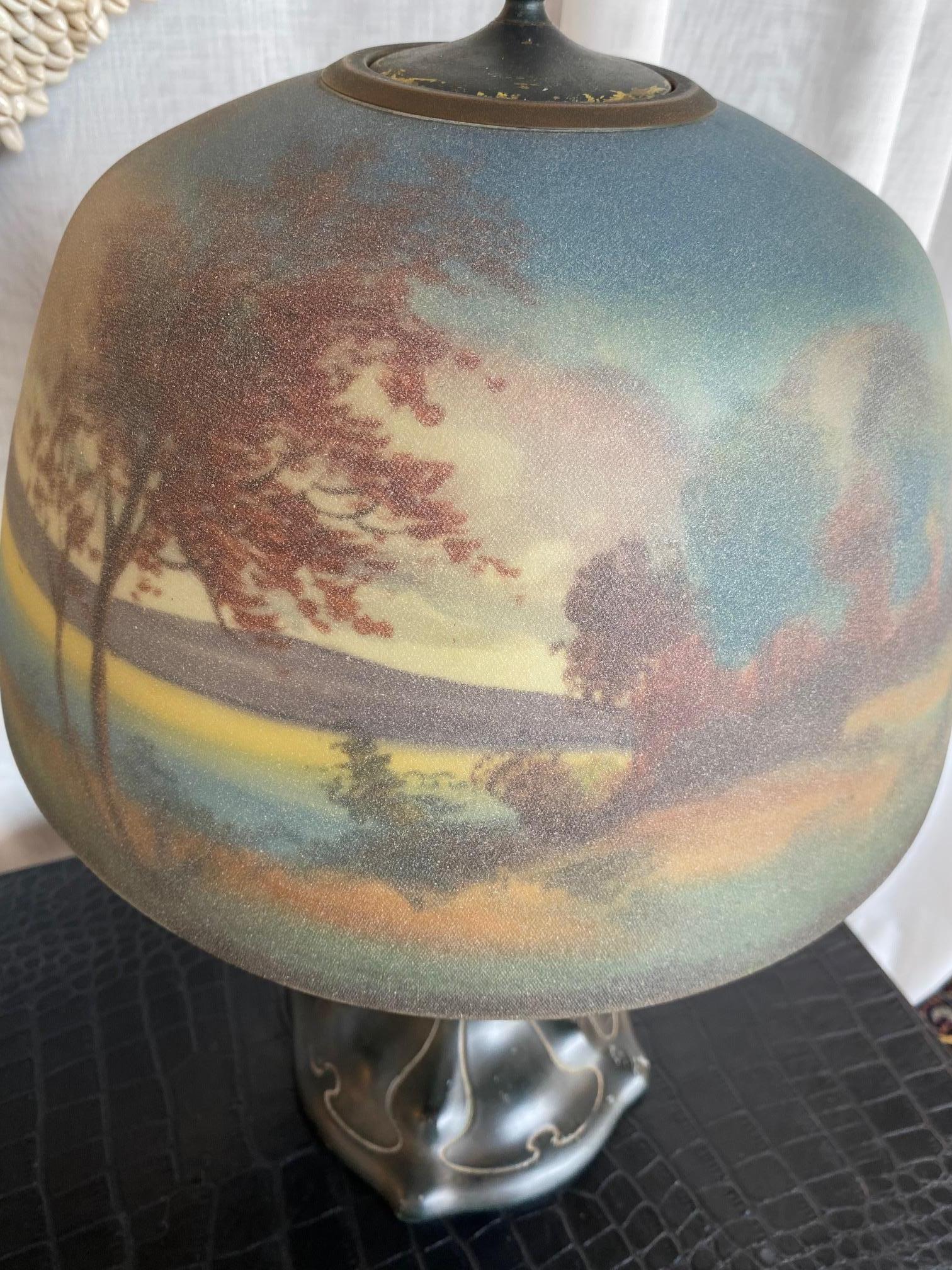 American Moe Bridges Co. / Signed / Lake Landscape Table Lamp, U.S.A. 20th Century For Sale