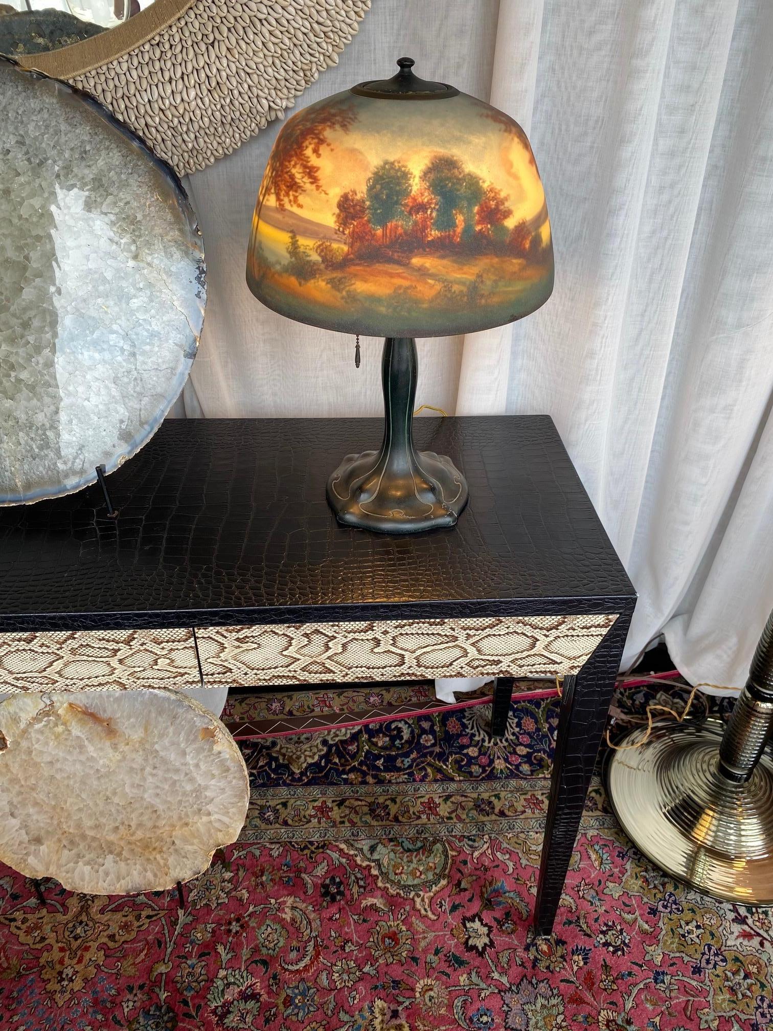 Moe Bridges Co. / Signed / Lake Landscape Table Lamp, U.S.A. 20th Century In Good Condition For Sale In Los Angeles, CA