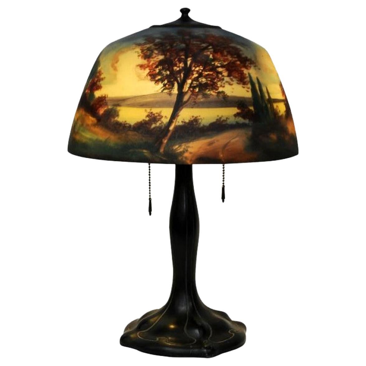 Lampe de bureau Moe Bridges Co. / Signé / Paysage de lac, U.S.A. 20ème siècle en vente