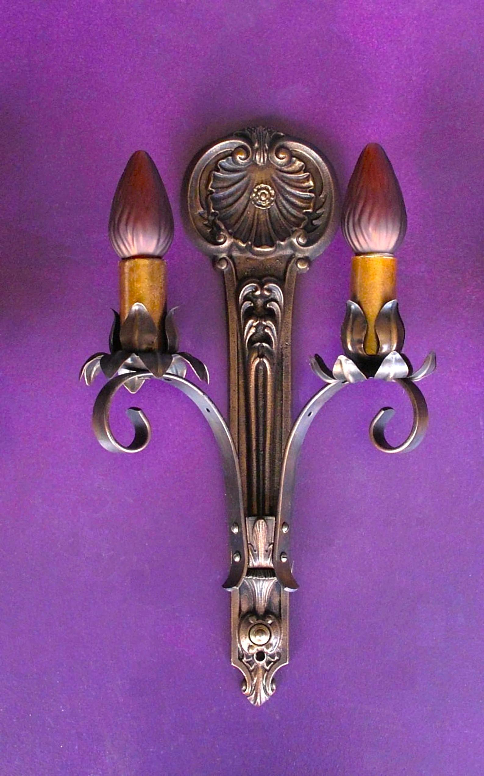 American Moe Bridges Vintage 2 Bulb Cast Iron Sconce 3 pr available, Priced per pair For Sale