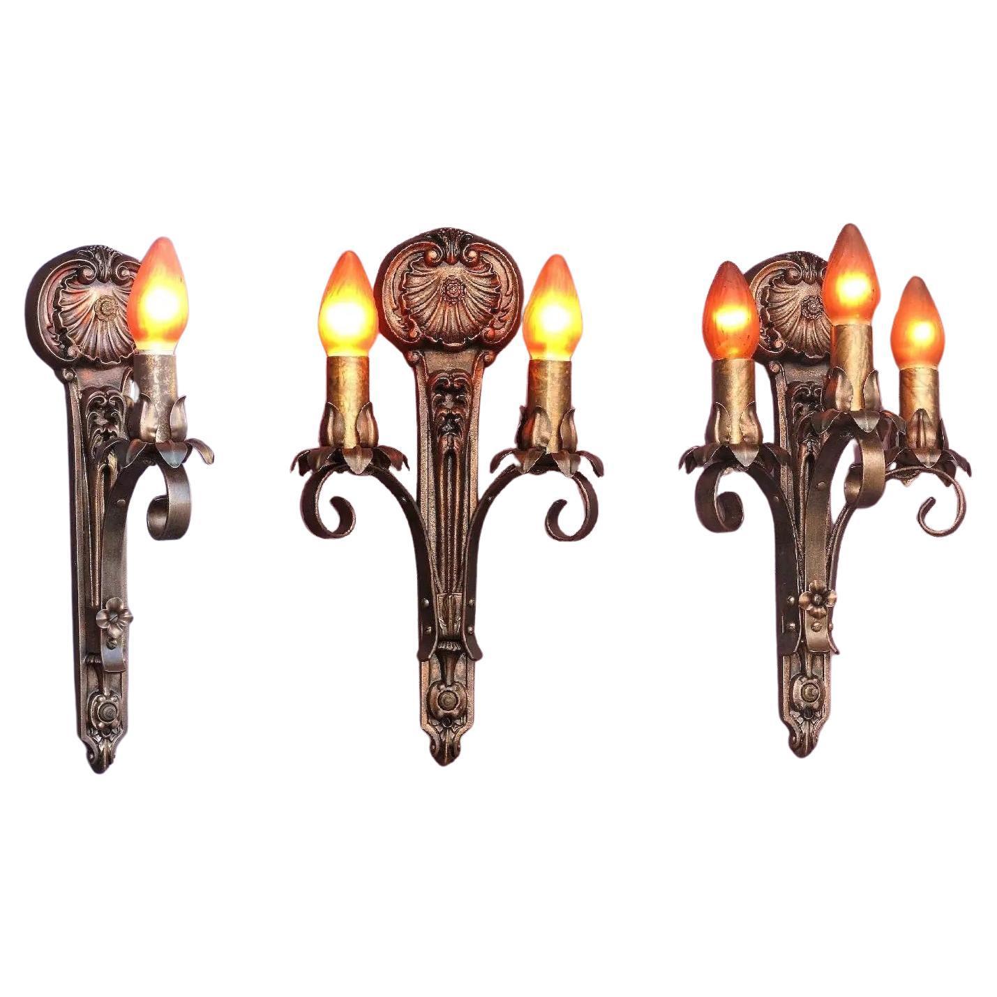 20th Century Moe Bridges Vintage 2 Bulb Cast Iron Sconce 3 pr available, Priced per pair For Sale